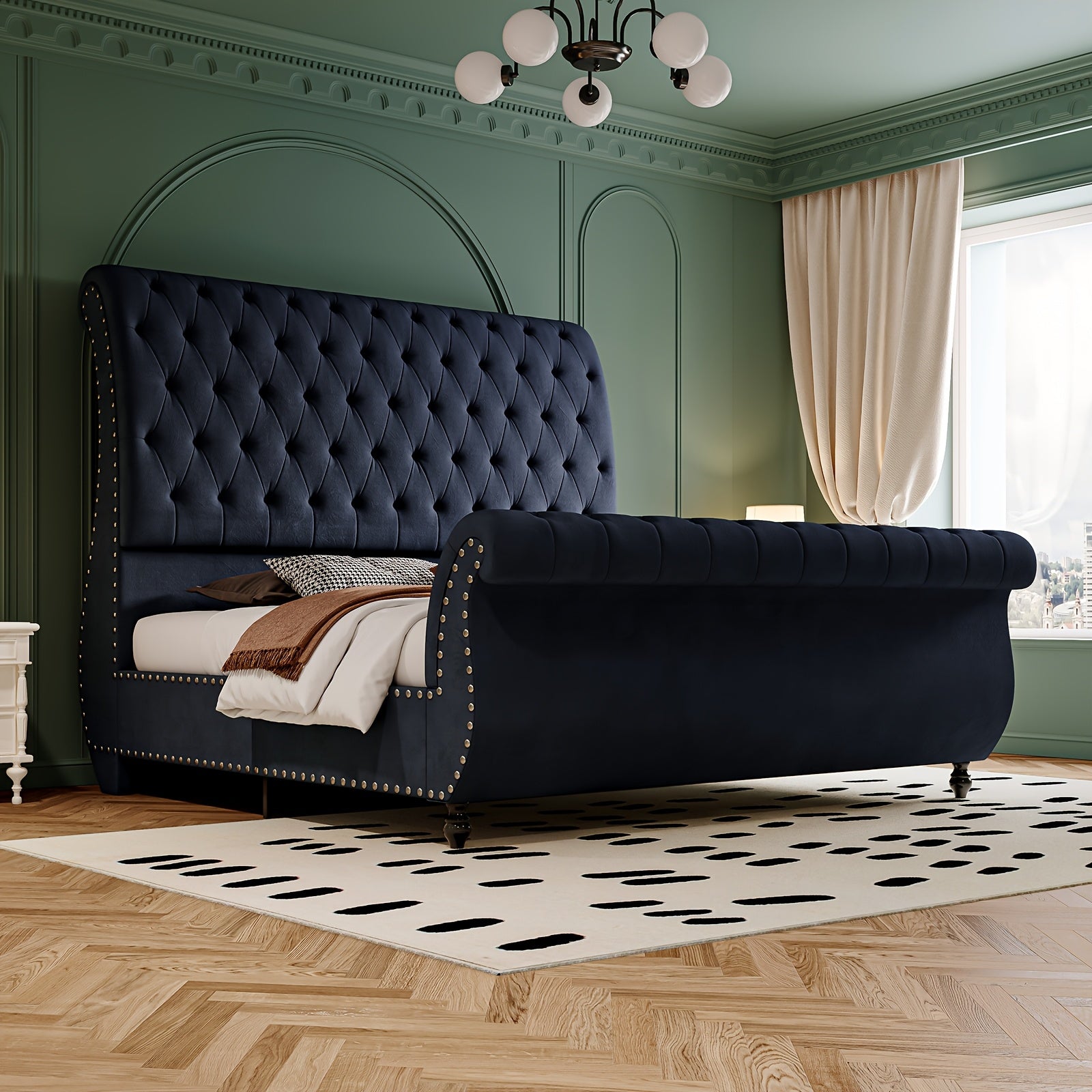 Velvet Upholstered Sleigh Bed - Luxurious Design with Scrolled Headboard and Footboard, Button-Tufted Base