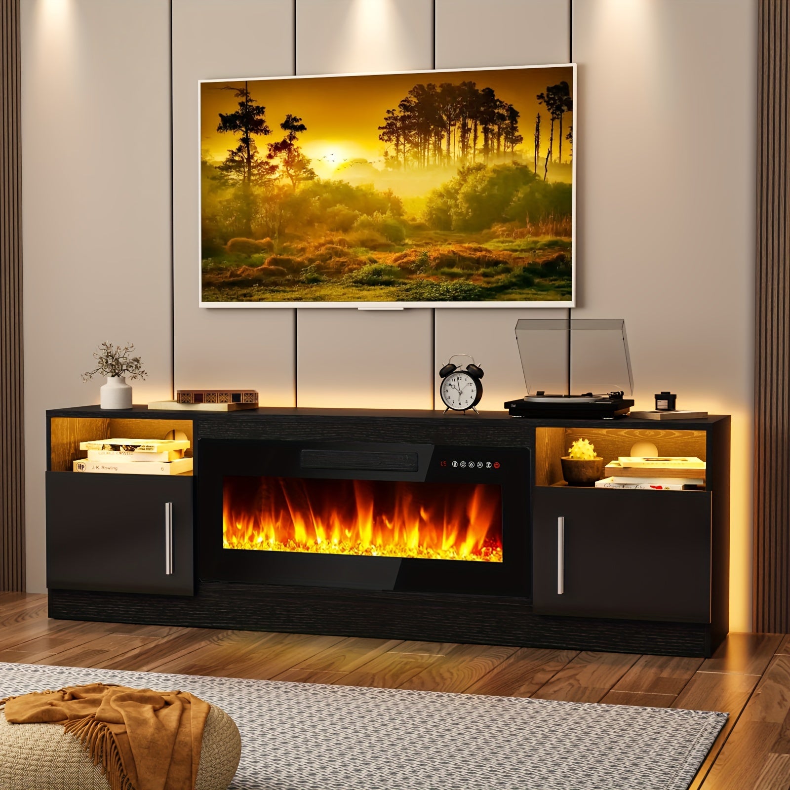 70" Modern Wooden TV Stand for TVs Up to 80" - Electric Fireplace Entertainment Center with 36" High Gloss Media Console, 16-Color LED Lights, Storage Cabinet & US Plug (120V)