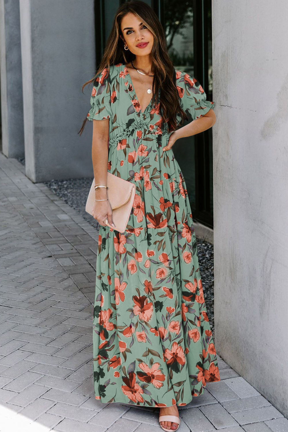 Sky Blue Fiery Floral Print Frilled V Neck Short Sleeve Maxi Dress