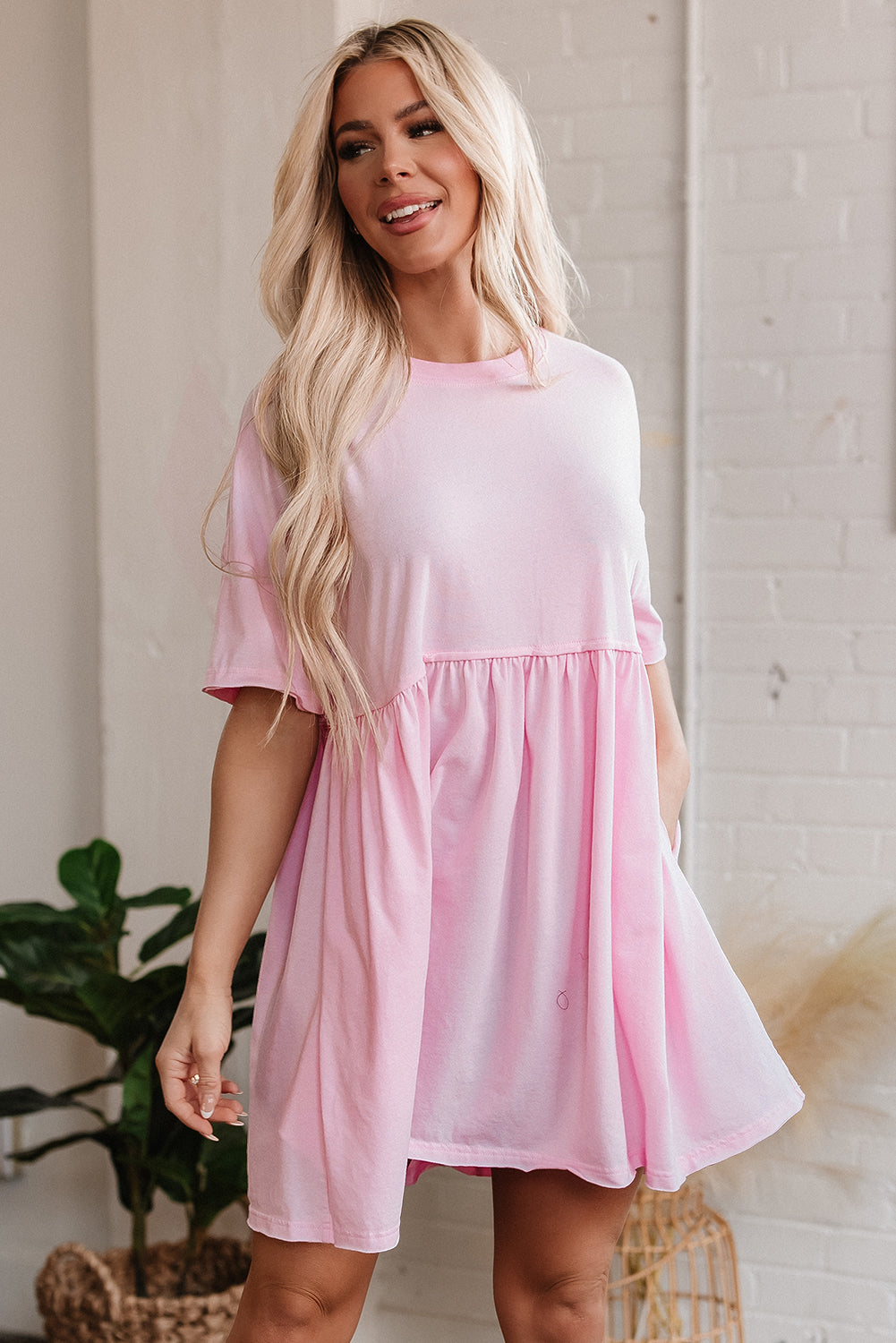 Moonlight Jade Solid Color Pocketed Raw Edge Babydoll Dress