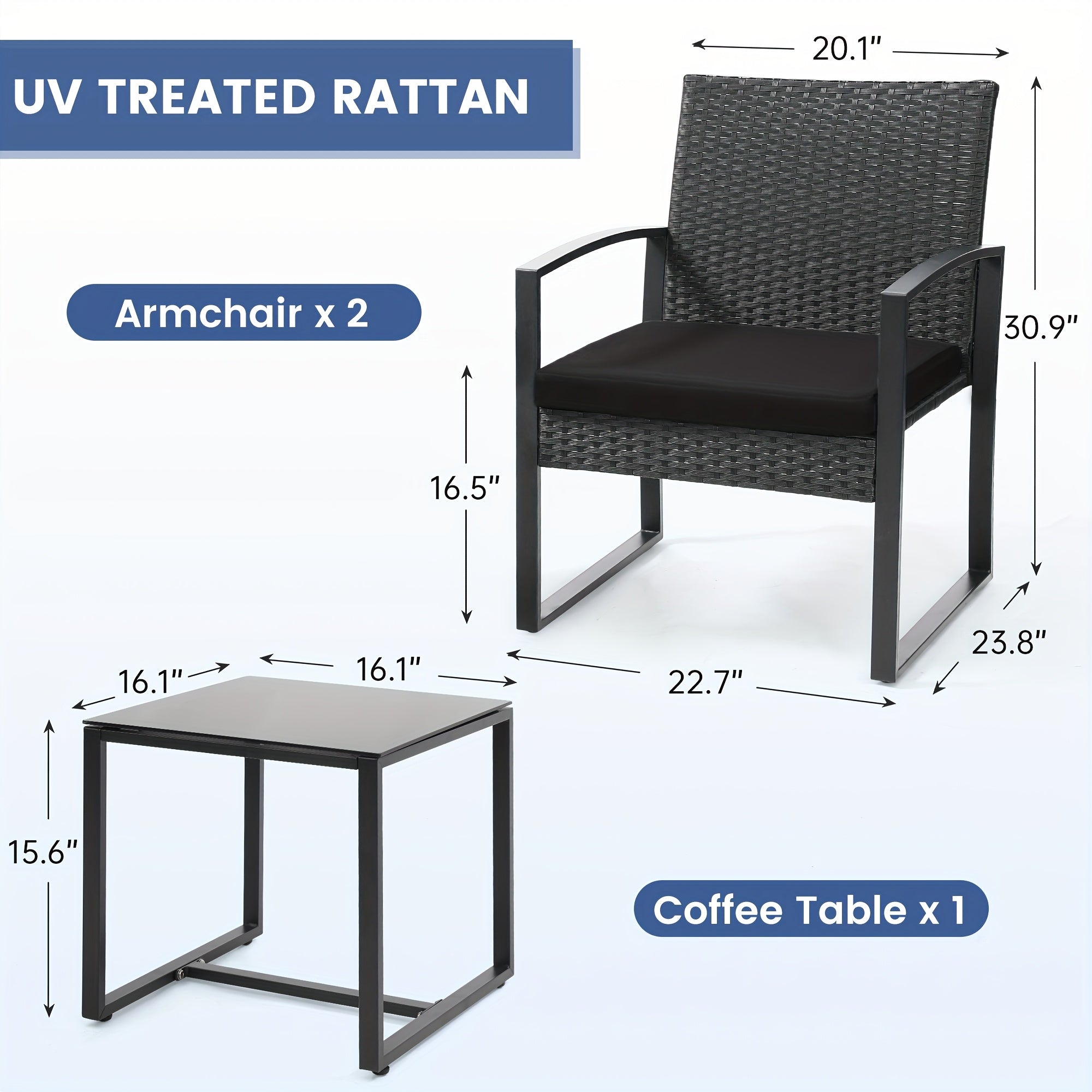 3pcs Bistro Set with Tempered Glass Table, Thick Cushions