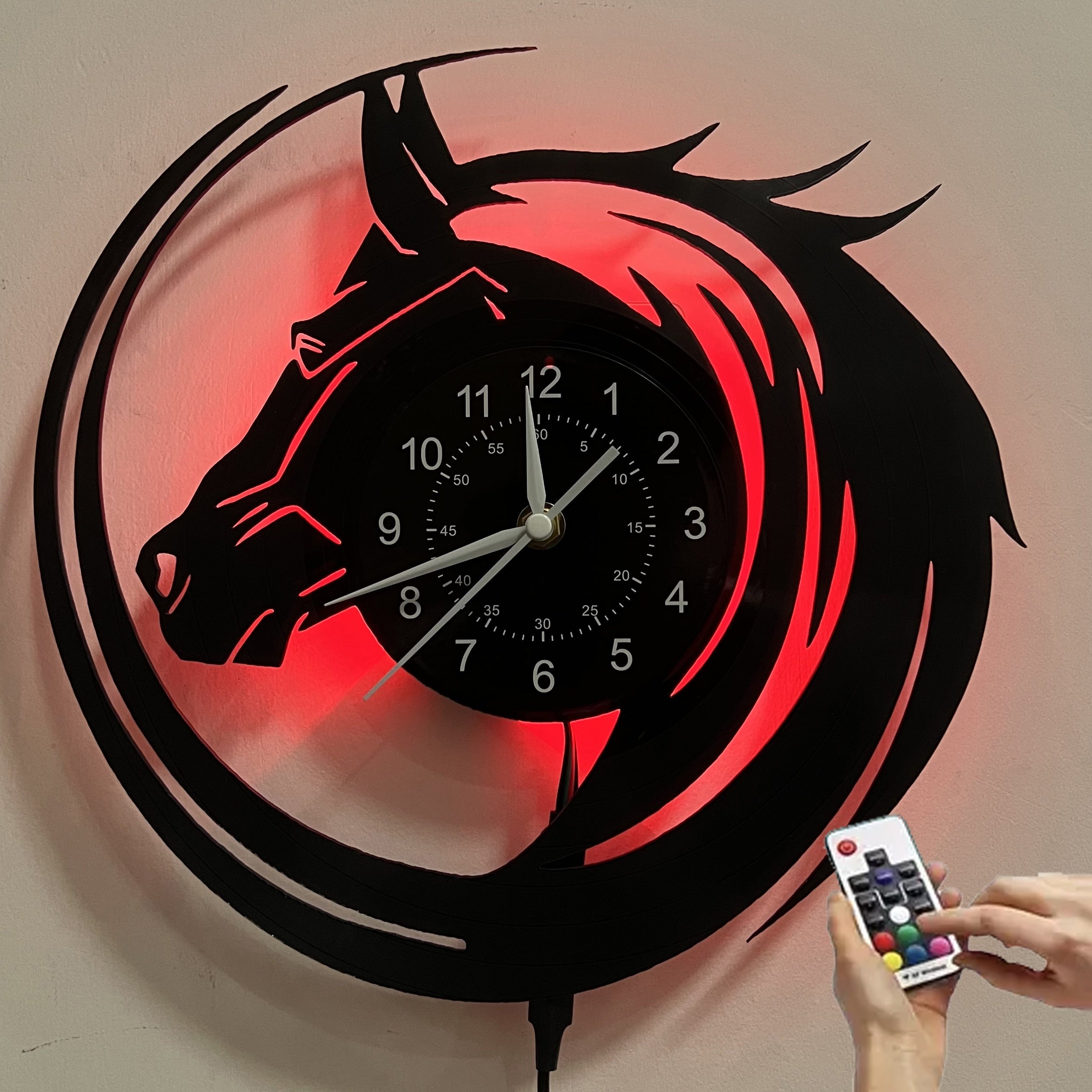 Horse LED Vinyl Wall Clock - Luminous Wall Clock For Horse Lovers - Unique Design - Battery Operated - Perfect for Living Room, Bedroom, Kitchen