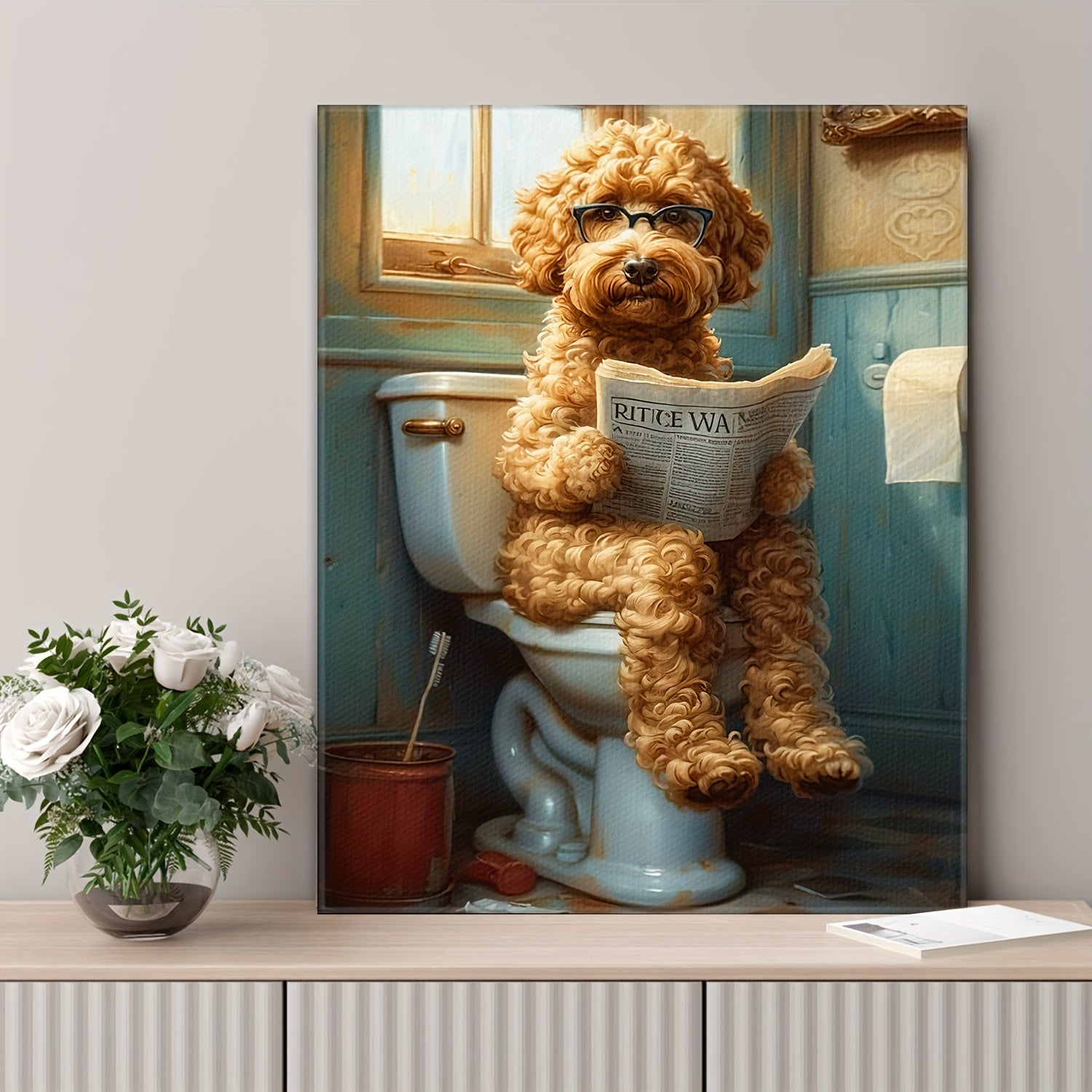 Whimsy Quirky Canvas Wall Art - Wood Frame Print, Humorous Dog on Toilet Reading Newspaper