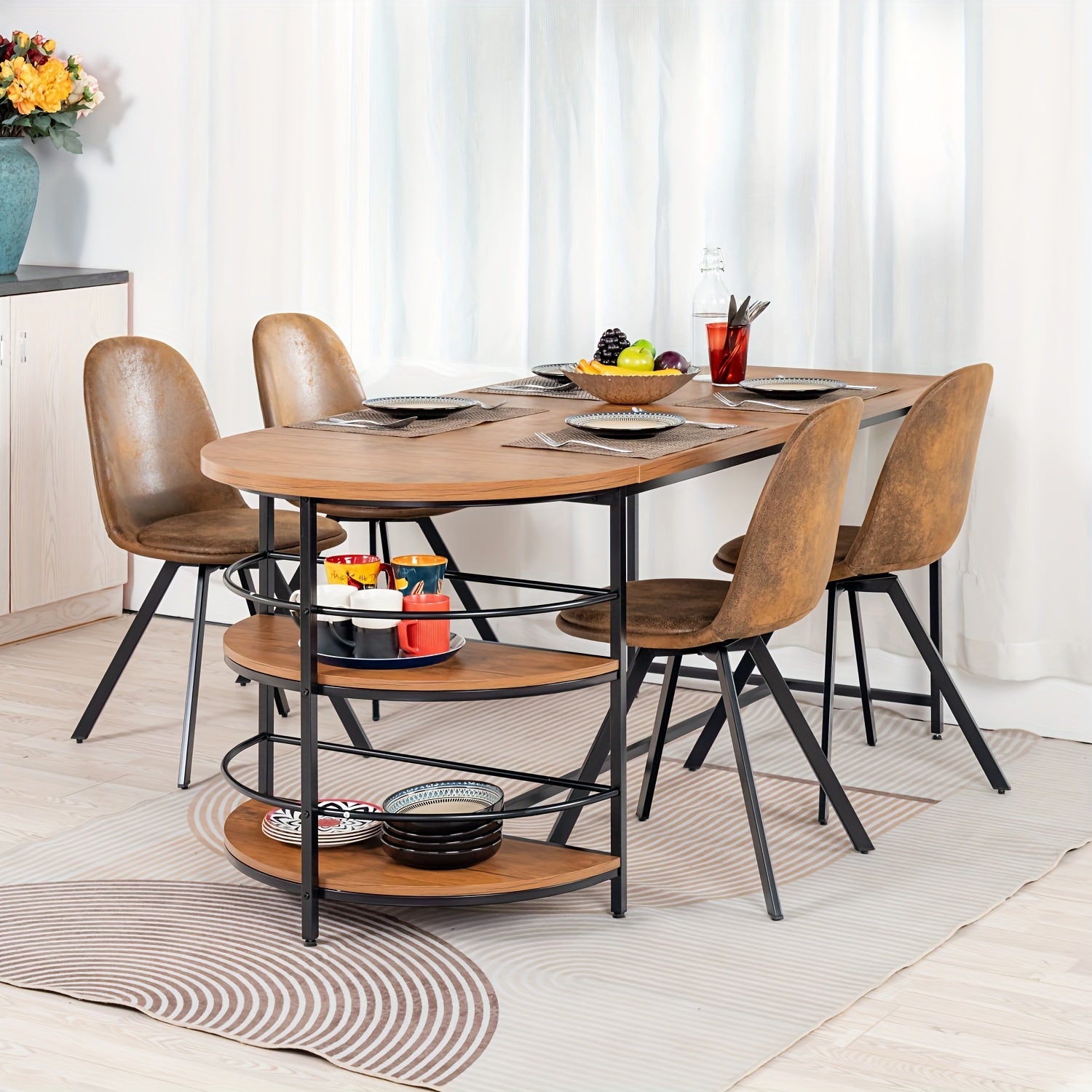 5 Piece Dining Set, 70" Dining Table With 4 Dining Chairs With Swivel Seats, Mid-Century Modern Dining Set With Metal Frame For Small Space, Brown/Beige