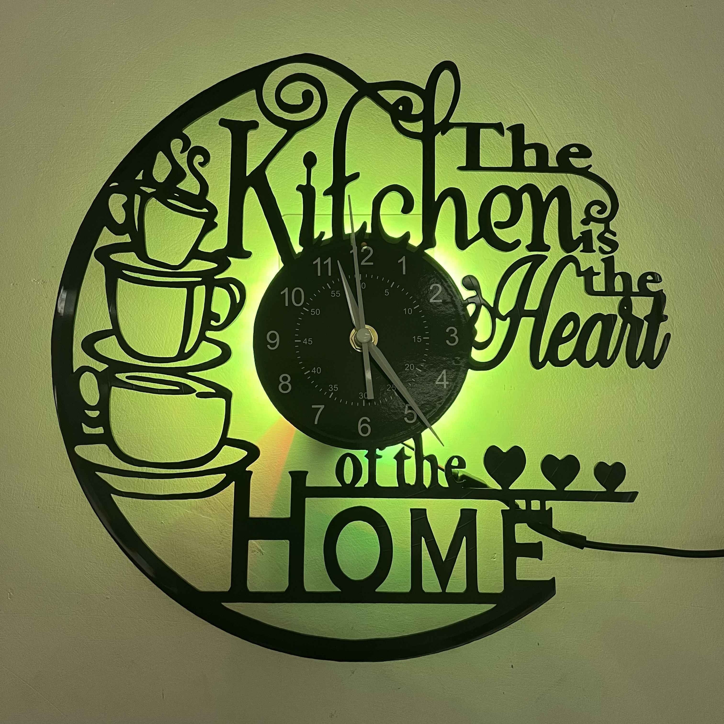 Vinyl Wall Clock - LED Glow-in-the-dark With Seven Colors, Home Kitchen Theme - For Home Decor, Bar Decor, Store Decor - Art Pieces