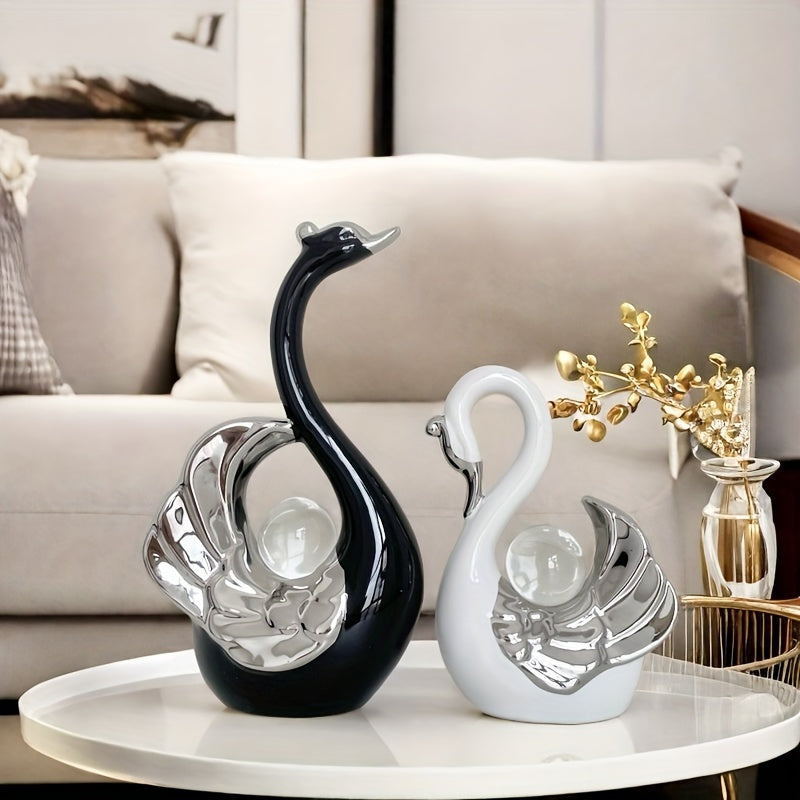 Luxury Crystal Ball Swan Ceramic Ornament Black and White High-end Light