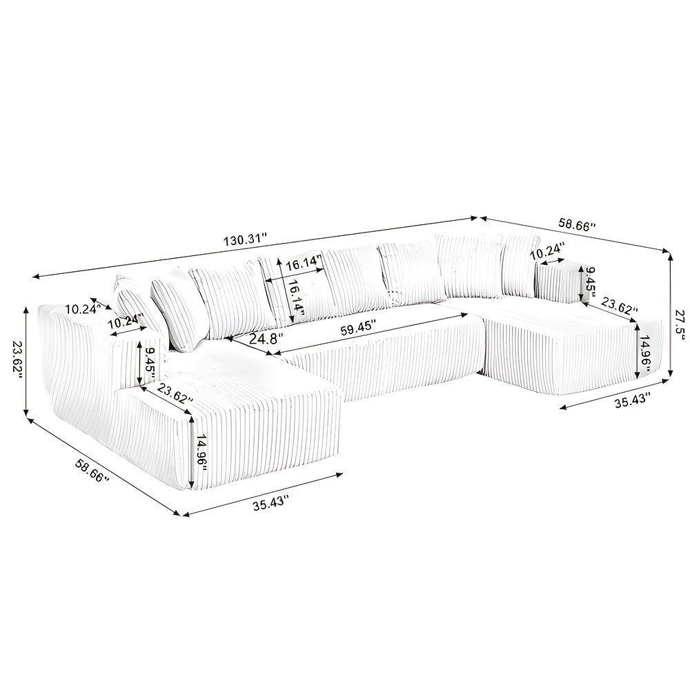 4-Seater Modular U-Shaped Sectional Sofa | Grey Striped Corduroy Upholstery, Customizable Configurations, Easy Assembly, Durable & Easy-Clean Fabric | Modern Sectional Sofa for Living Room, Apartment