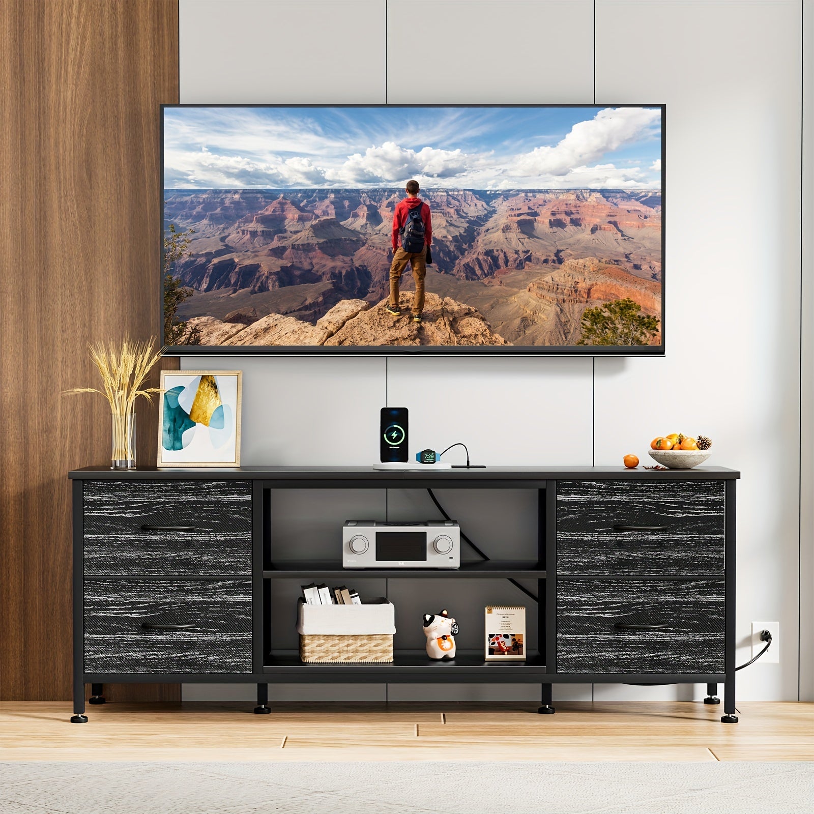 TV Stand, Entertainment Center Power Outlet with Fabric Drawers, Media Console Table with Metal Frame And Wood Top for TV Up to 60 Inch