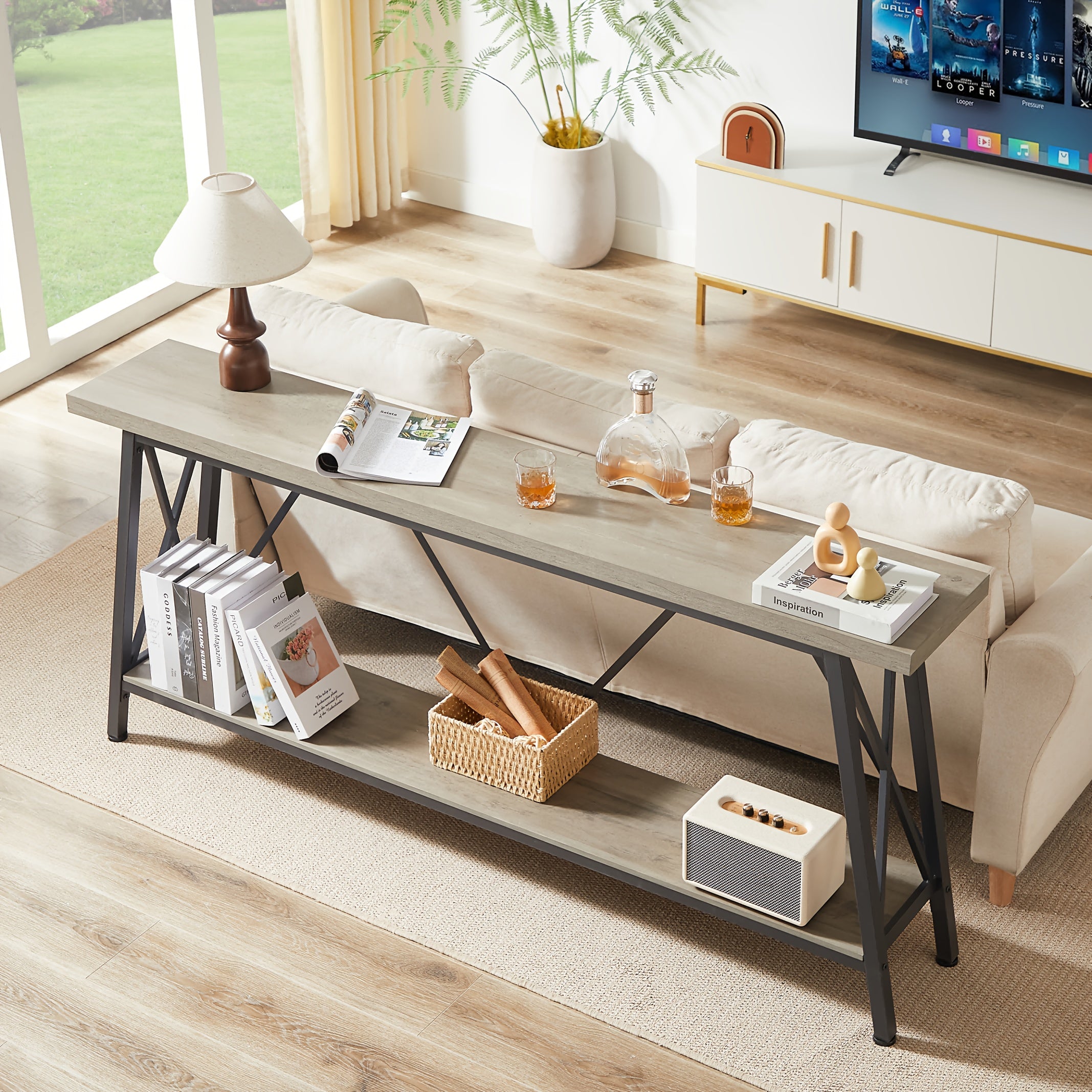 70.9 Inch Extra Long Sofa Table, Console Behind Sofa, Entryway Table With 2 Tier Storage Shelves, Rustic Gray And Black, 70.9"L X 11.8"W X 32"H