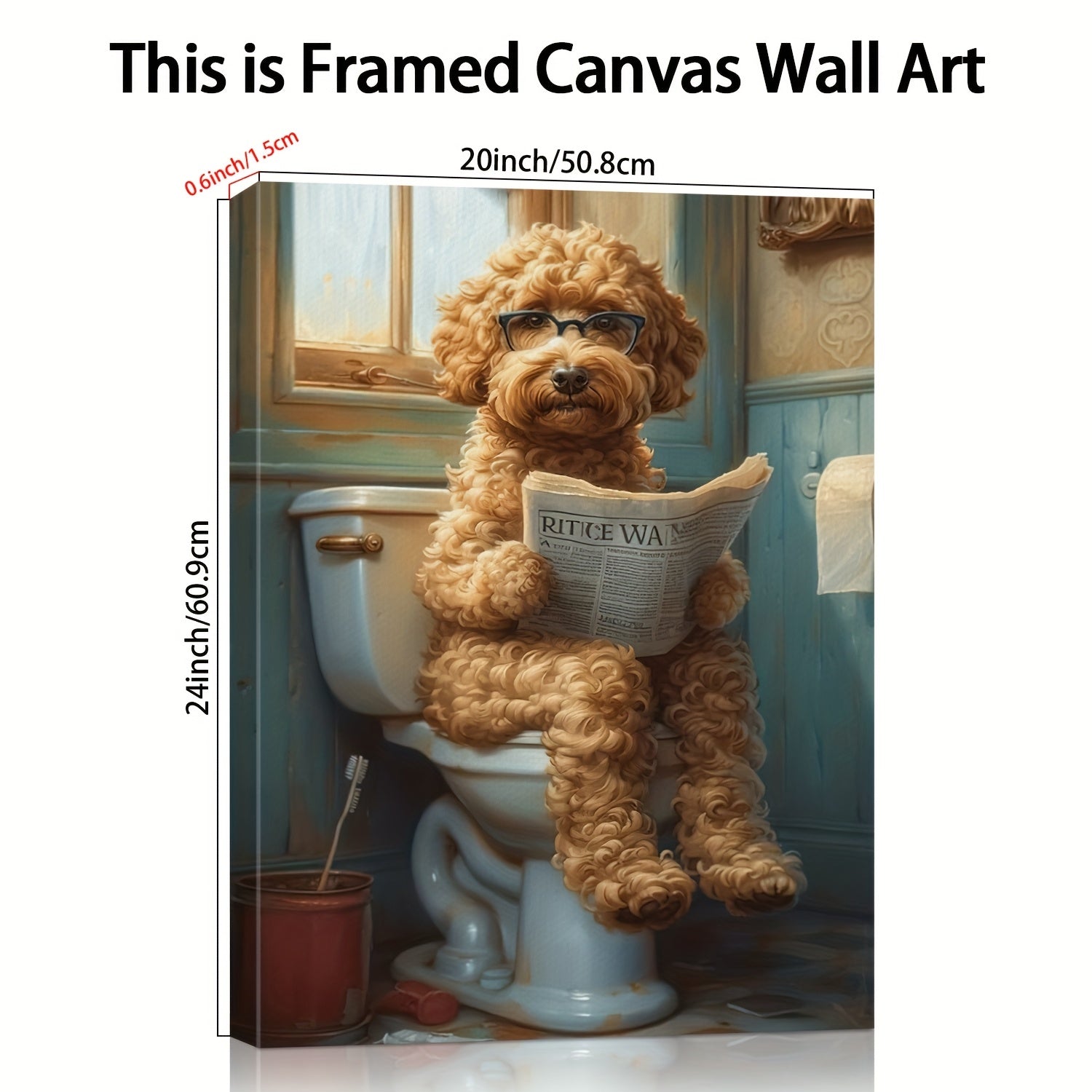 Whimsy Quirky Canvas Wall Art - Wood Frame Print, Humorous Dog on Toilet Reading Newspaper
