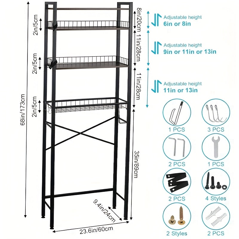 5-Tier Over Toilet Bathroom Organizer Shelf Adjustable Bathroom Shelf Over Toilet With Paper Holder And 4 Hooks