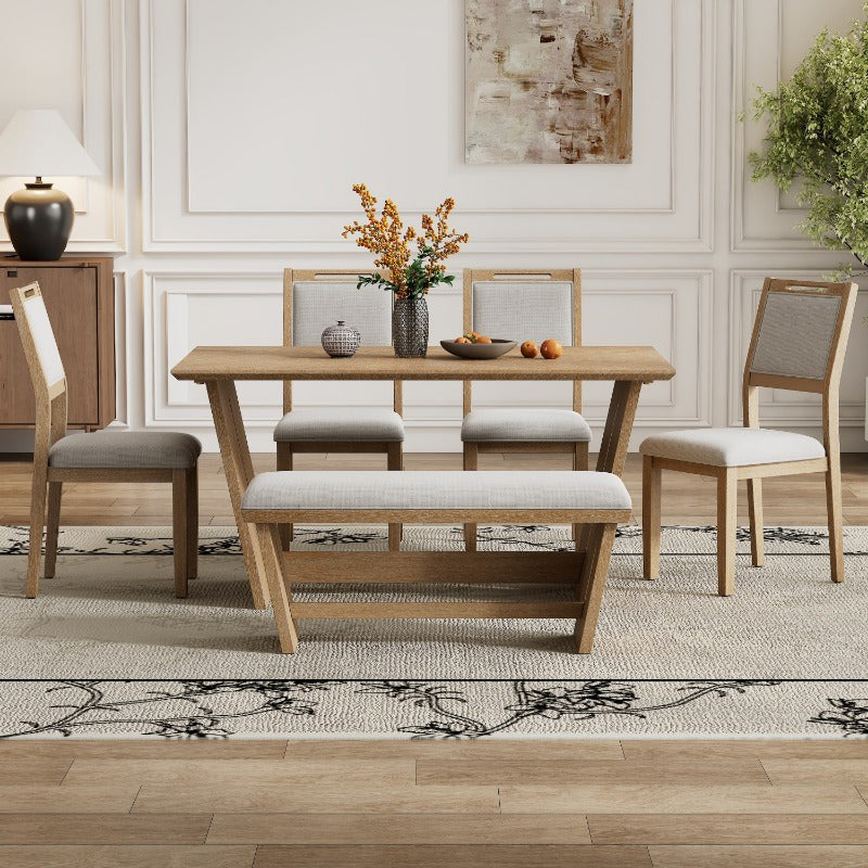 6pcs Retro Dining Set for 6, 60" Kitchen Table with 4 Chairs and Bench, Trestle Base Design for Dining Room, Natural Wash Finish, Durable and Stylish.