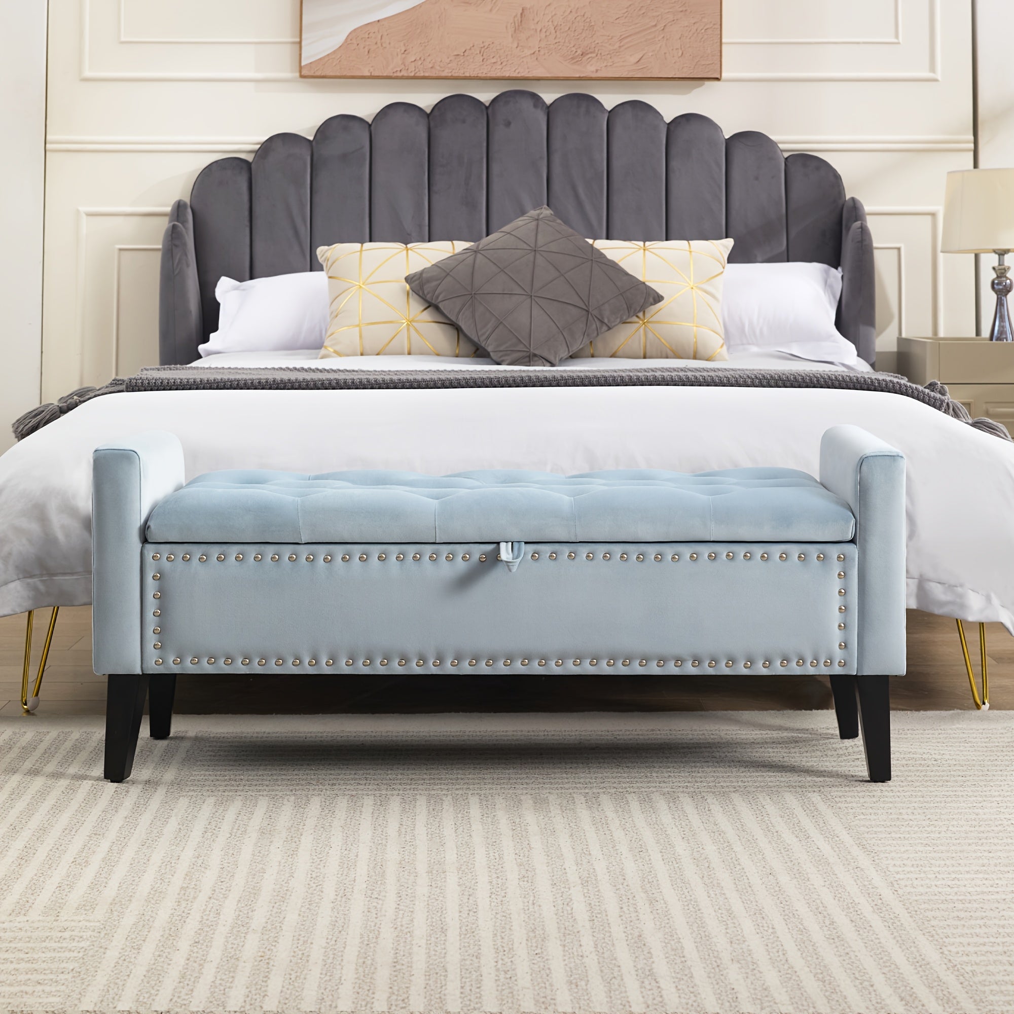 47" Velvet Storage Bench, Upholstered Bed Bench With Storage, End Of Bed Ottoman With Wooden Legs