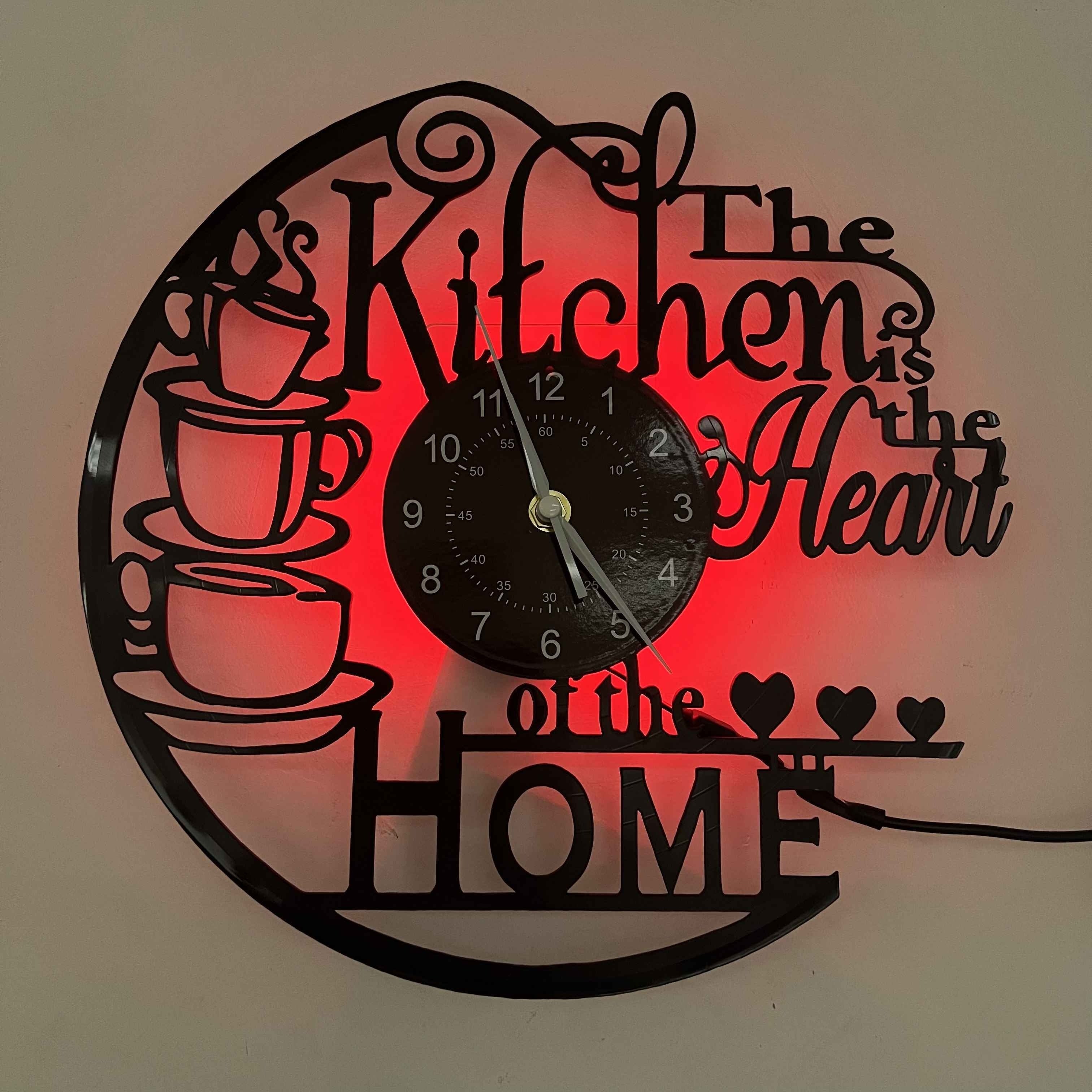 Vinyl Wall Clock - LED Glow-in-the-dark With Seven Colors, Home Kitchen Theme - For Home Decor, Bar Decor, Store Decor - Art Pieces