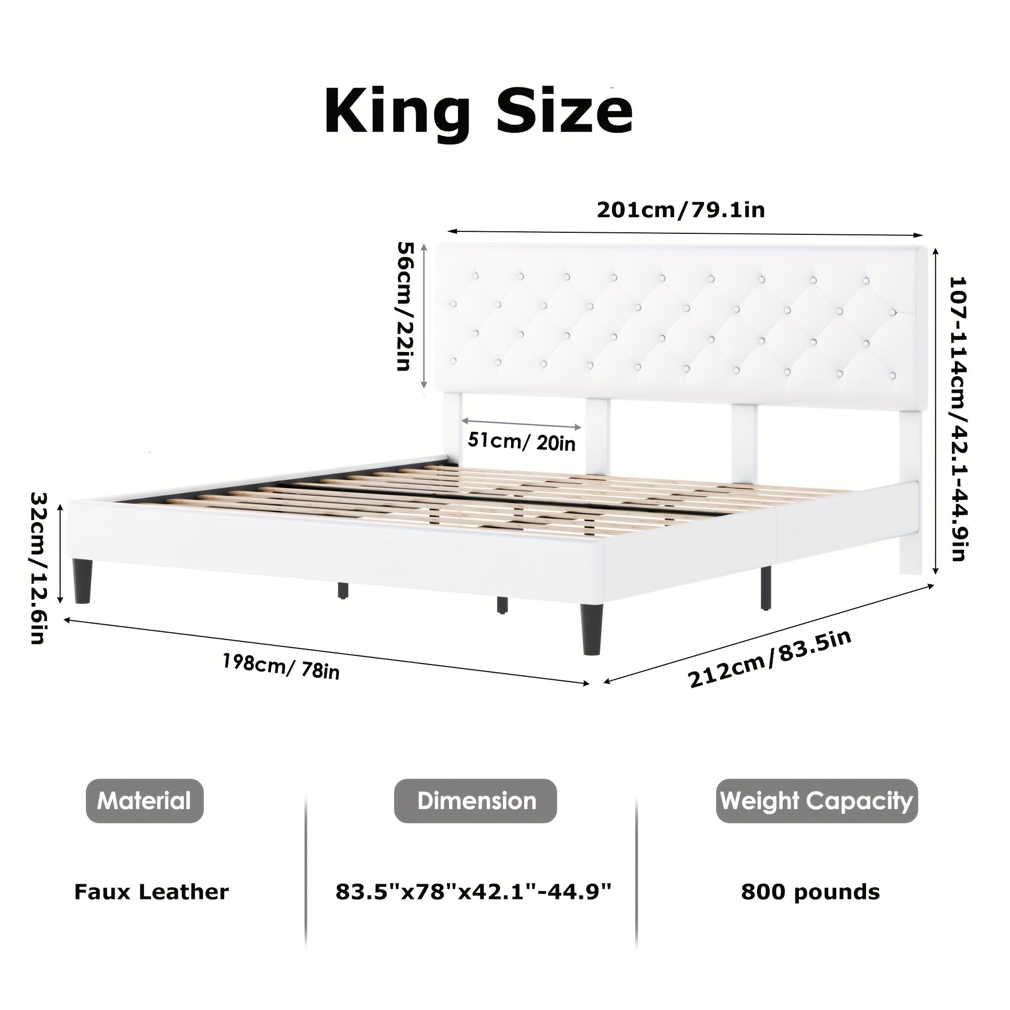 Faux leather platform bed with strong wooden slats, Upholstered Bed Frame with Adjustable Stitched Button Tufted Headboard