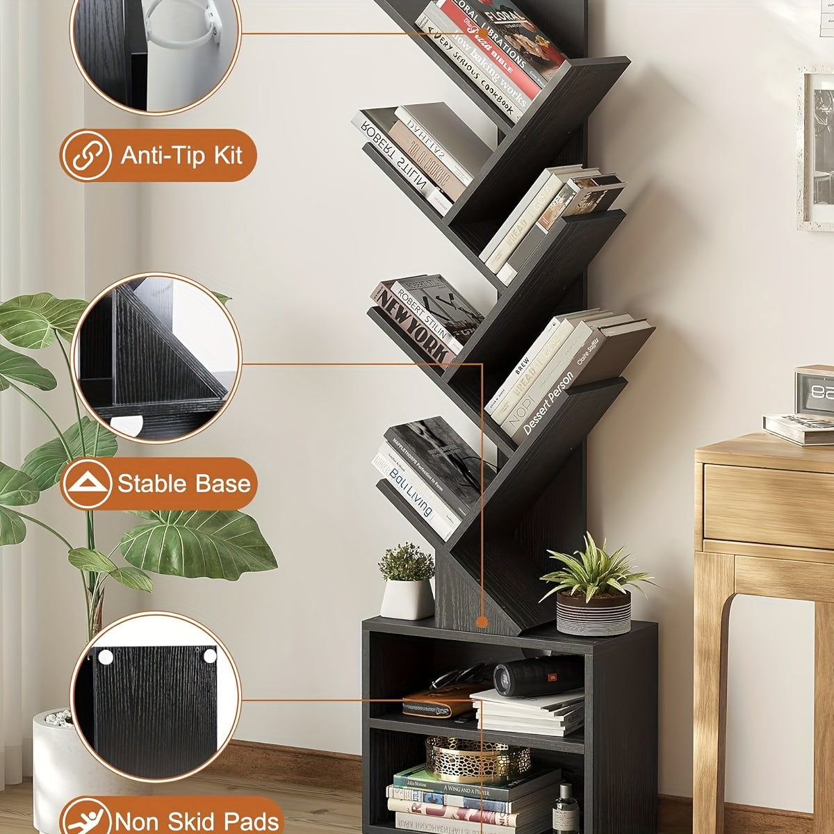 6 Tier Tree Bookshelf, Small Bookcase with Storage Cabinet, Modern Tall Narrow Bookshelves Organizer