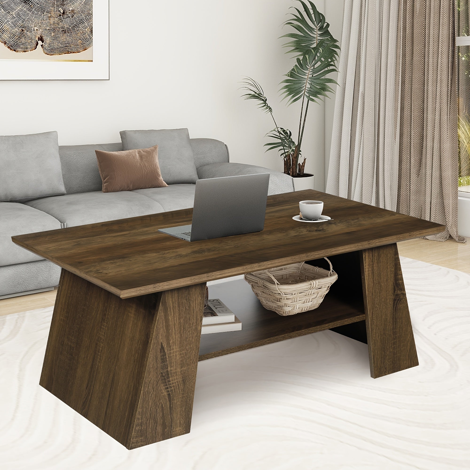 Modern Coffee Tables With Storage Shelf, 2-Tier, Farmhouse Wooden Center Table