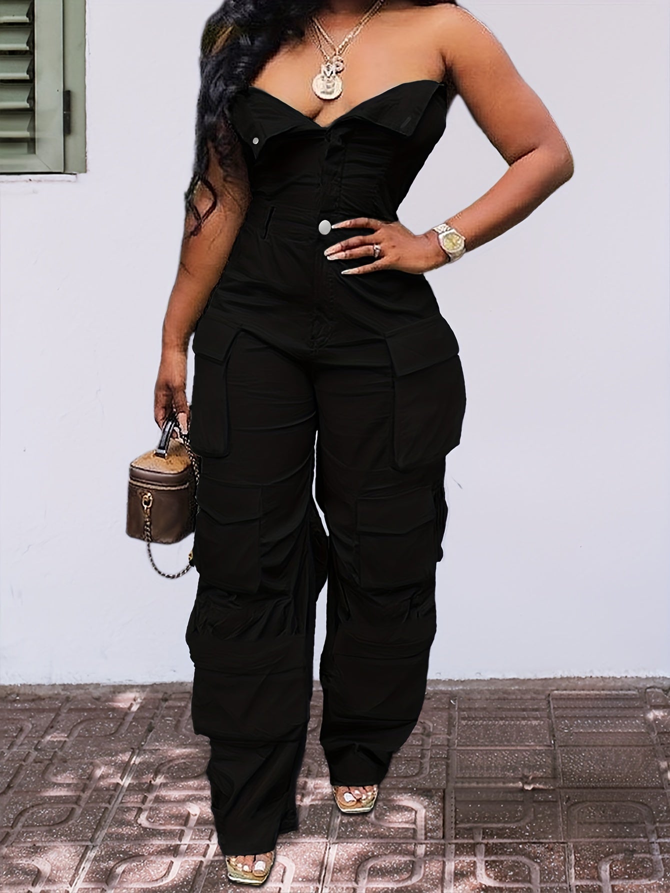 CHICSALE Women’s Bandeau Jumpsuit - Sexy Tube Top One-Piece with Button Detail