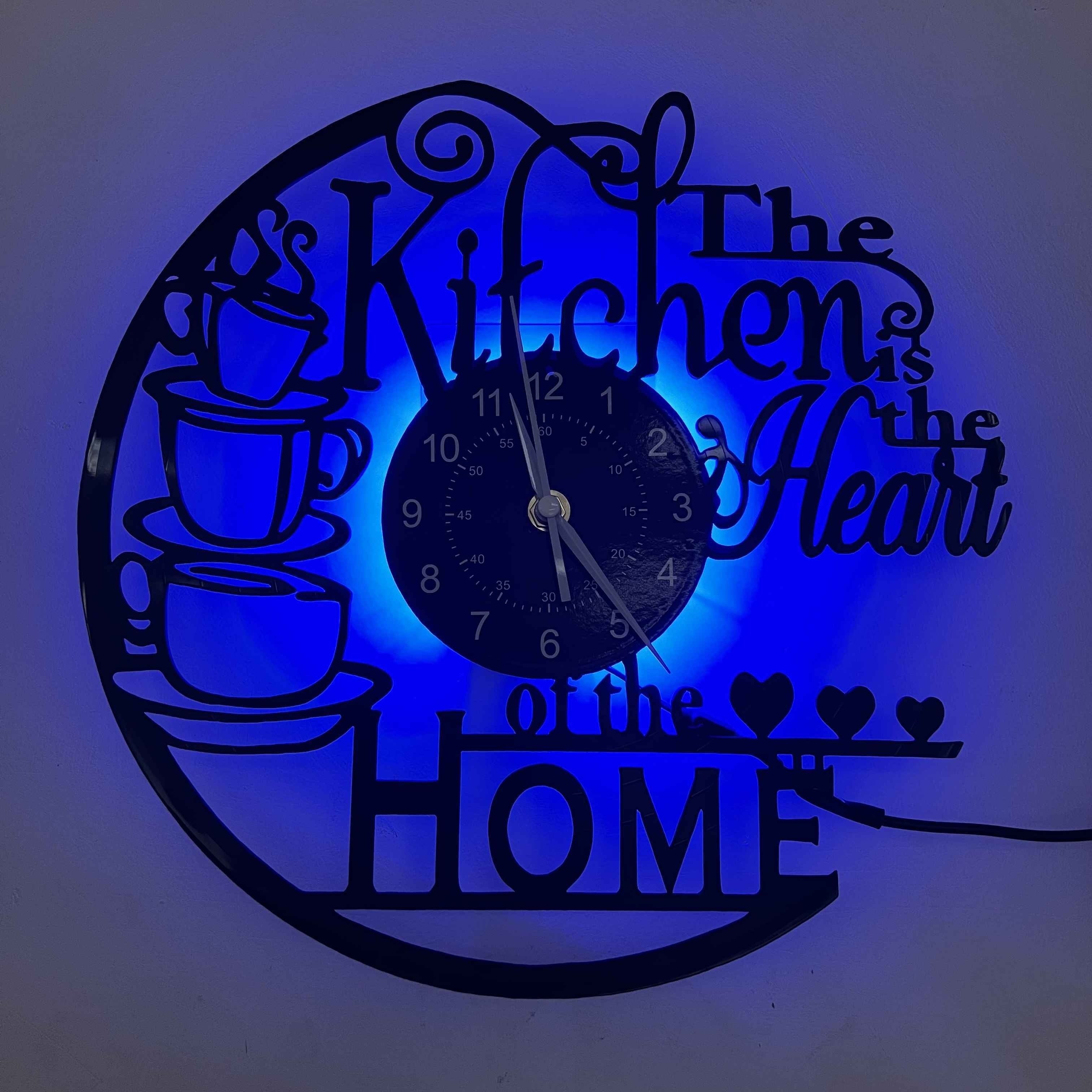 Vinyl Wall Clock - LED Glow-in-the-dark With Seven Colors, Home Kitchen Theme - For Home Decor, Bar Decor, Store Decor - Art Pieces