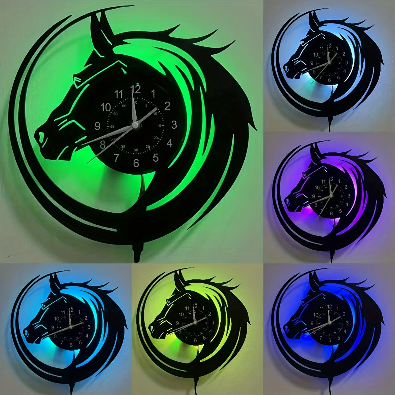 Horse LED Vinyl Wall Clock - Luminous Wall Clock For Horse Lovers - Unique Design - Battery Operated - Perfect for Living Room, Bedroom, Kitchen
