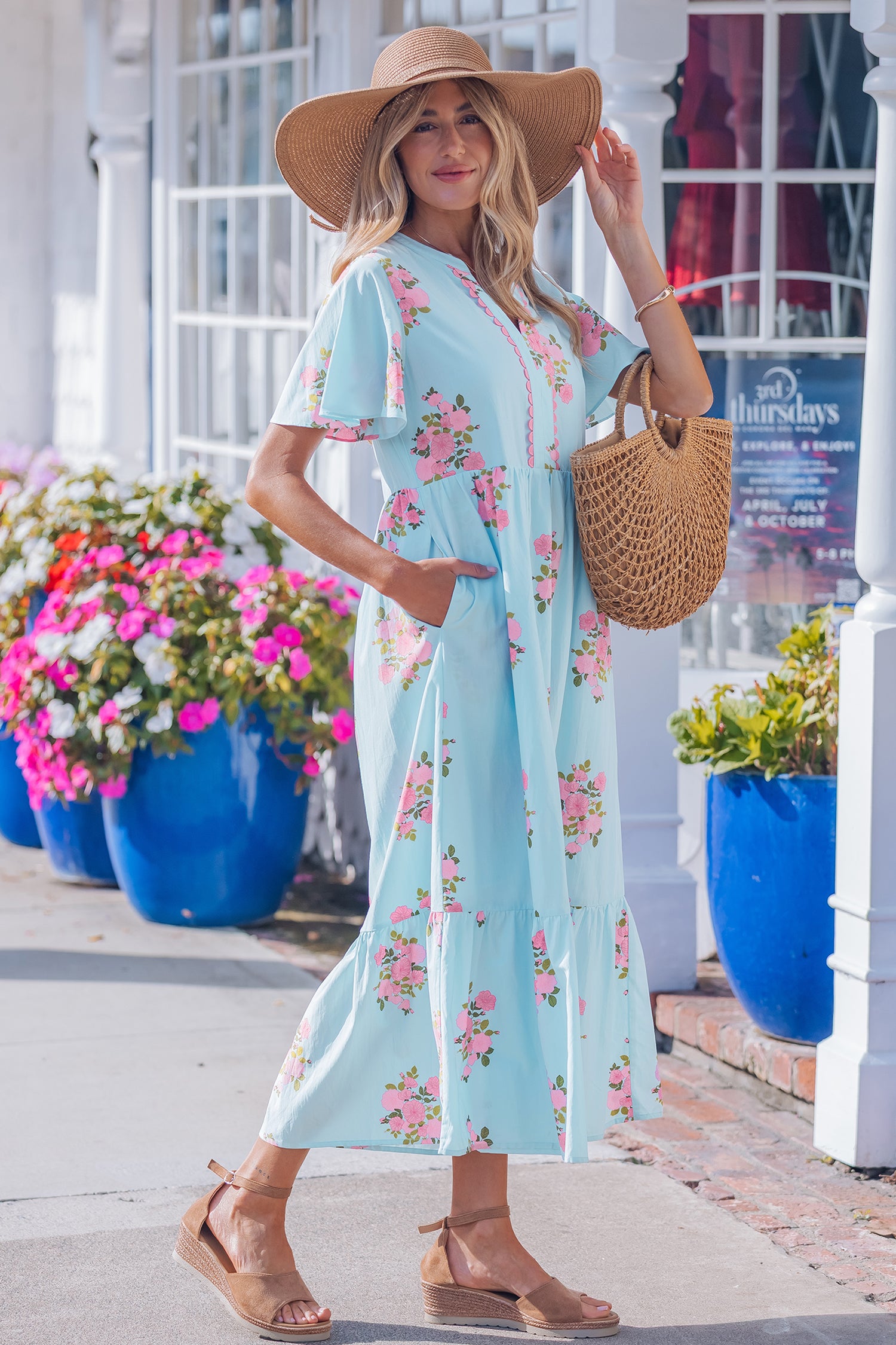 Pink Notched Neck Flutter Short Sleeve Floral Print Maxi Dress