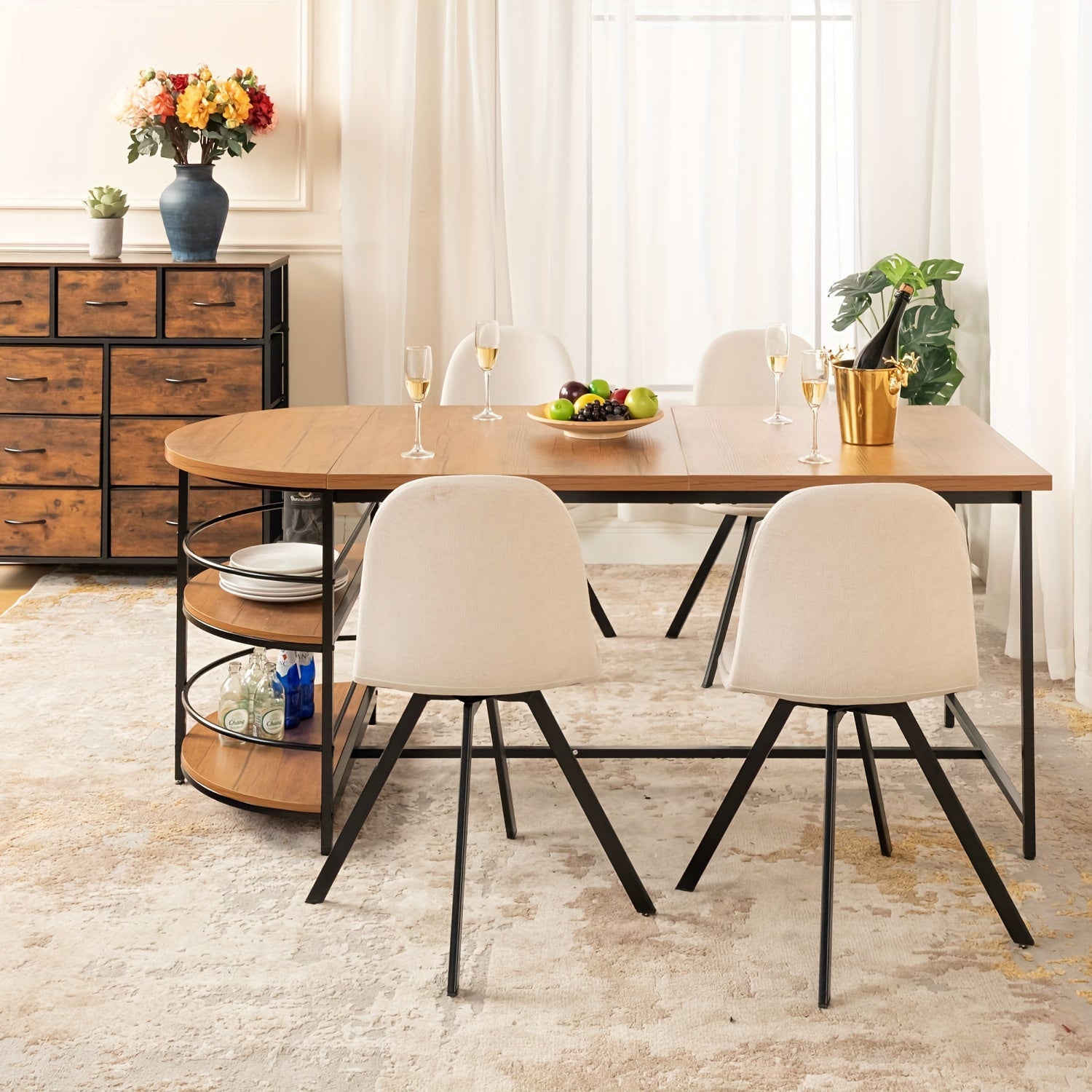 5 Piece Dining Set, 70" Dining Table With 4 Dining Chairs With Swivel Seats, Mid-Century Modern Dining Set With Metal Frame For Small Space, Brown/Beige