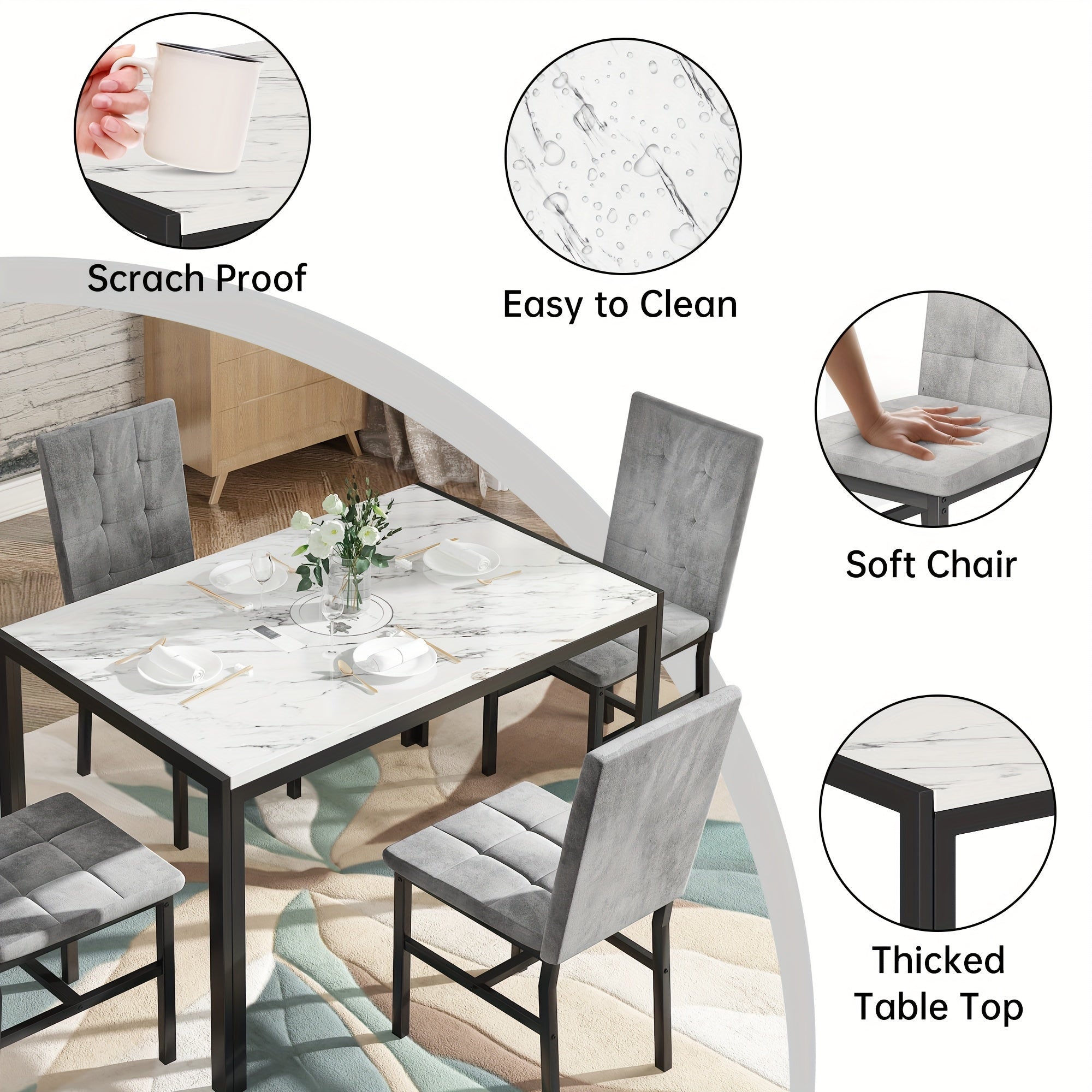 5pcs Faux Marble Tabletop Dining Table Set