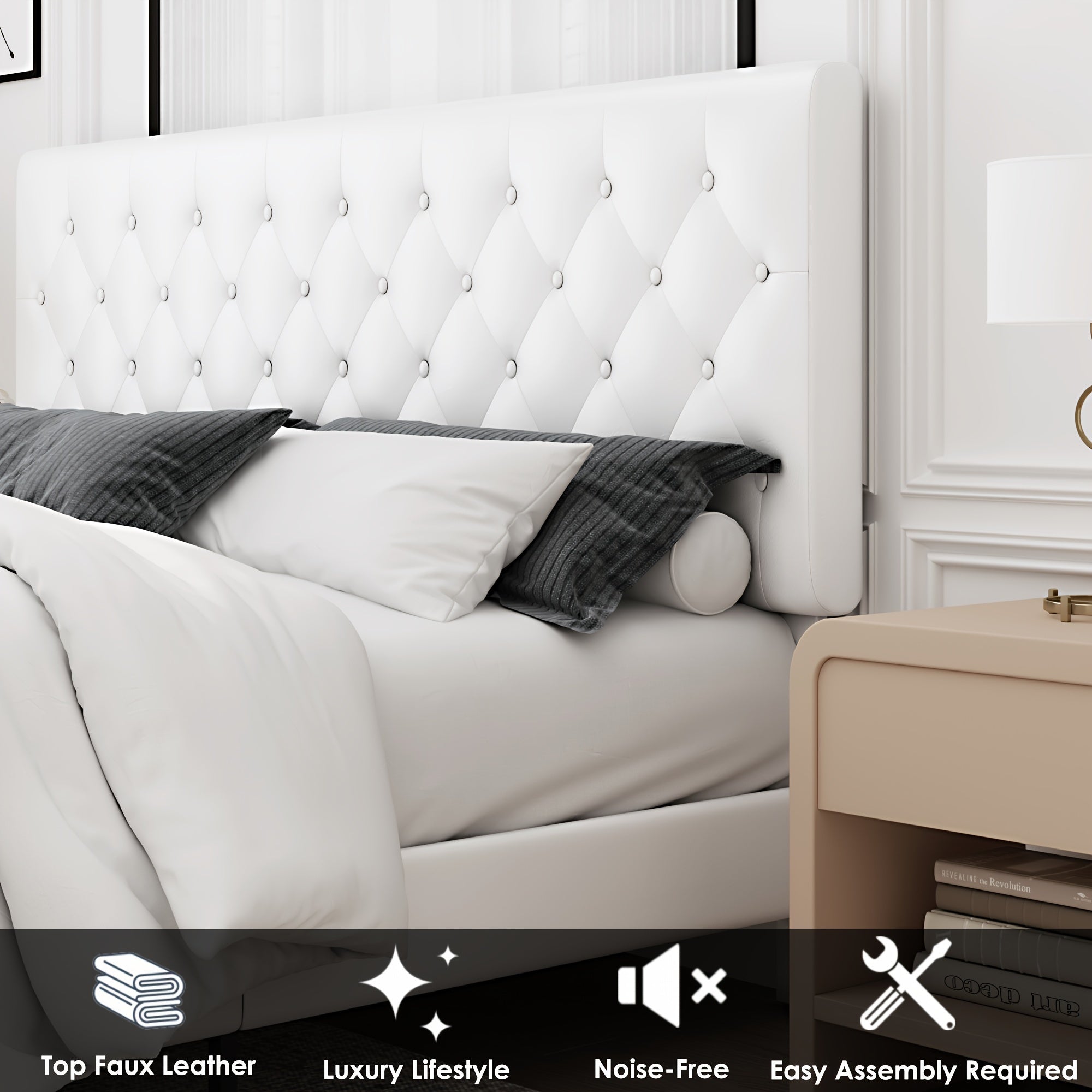 Faux leather platform bed with strong wooden slats, Upholstered Bed Frame with Adjustable Stitched Button Tufted Headboard