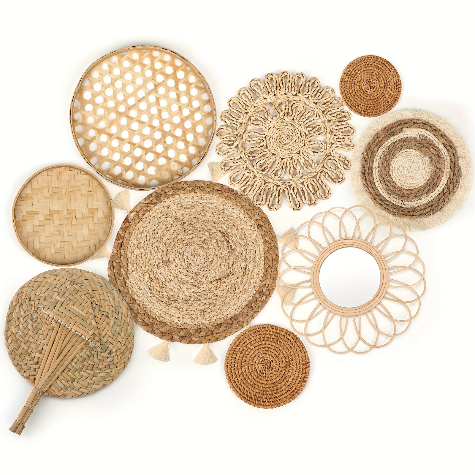9-piece Set Wall Hanging Basket Decoration Bohemian Style Wall Hanging Decoration Rattan Wall Decoration Flat Round Wicker Mirror Woven Lace Fringe Tapestry