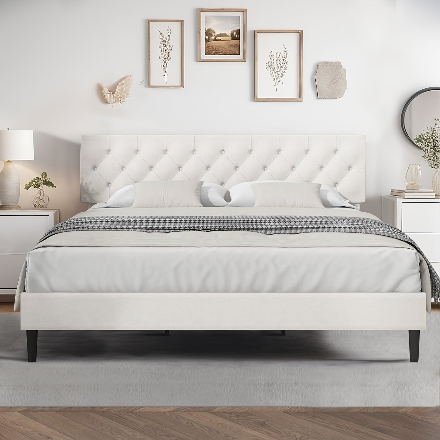 Twin/Full/Queen/King Size Bed Frame With Headboard, Linen Fabric Upholstered Bed Frame With Wood Slats(mattress Not Included), Wood Slats For Easy Assembly, Button Tufted