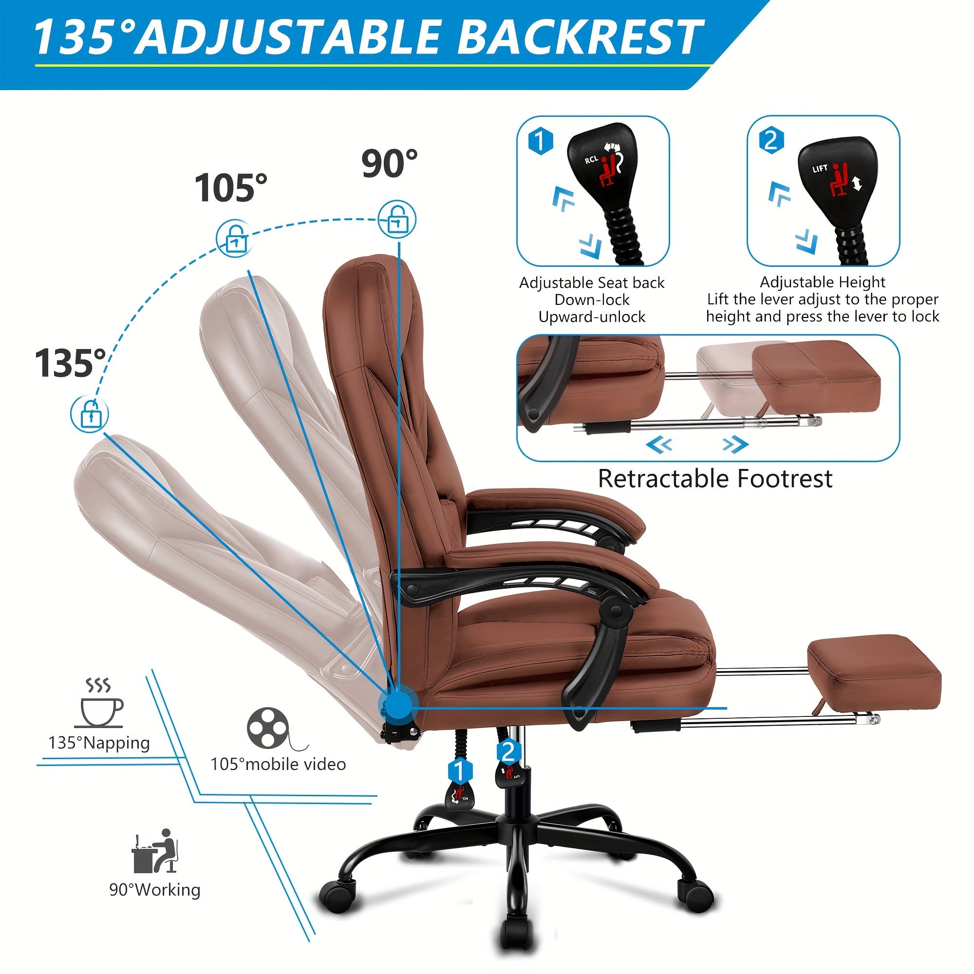 Executive Office Chair with Footrest/ without Footrest( Optional), Big and Tall Reclining Faux Leather Chair