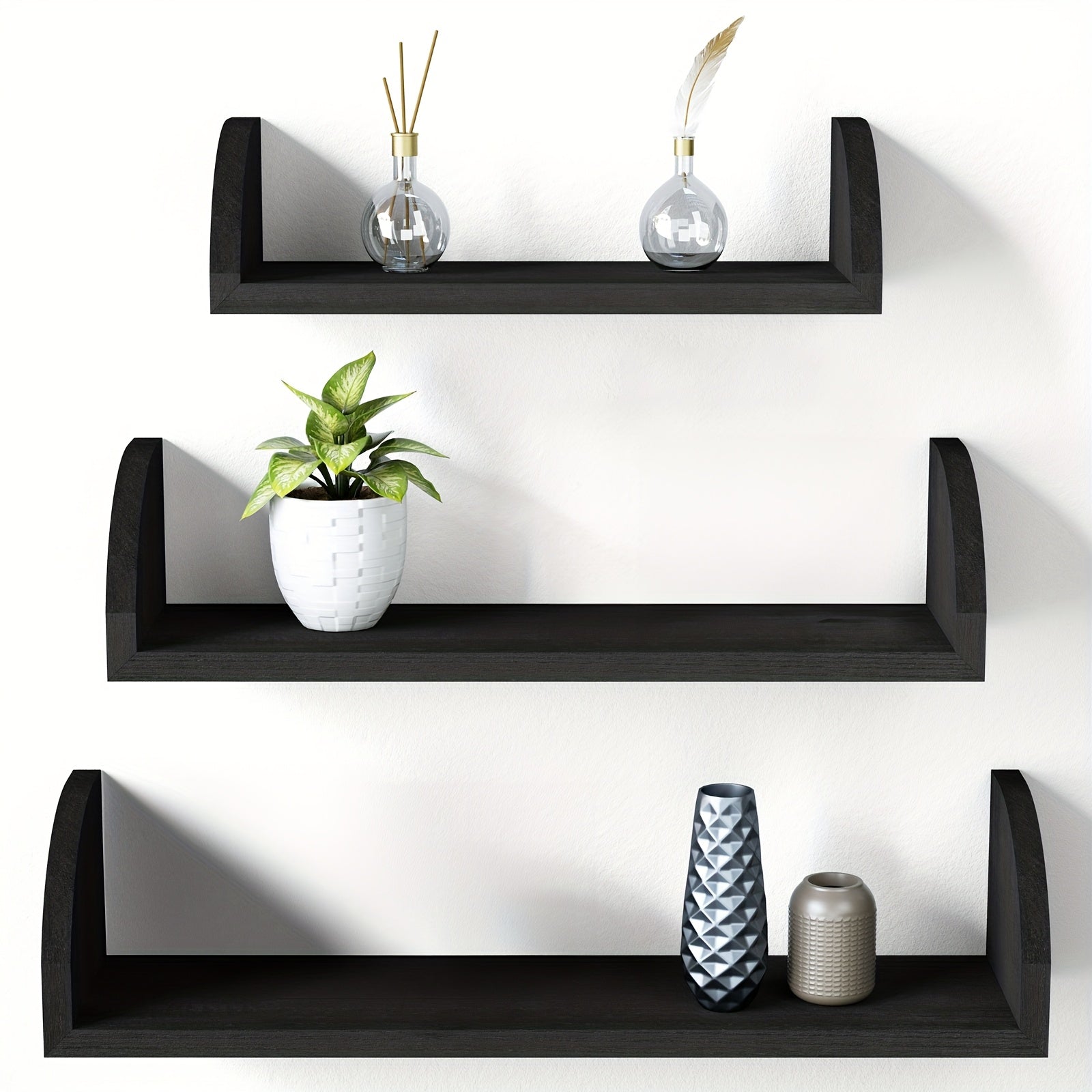 Floating Shelves Wall Mounted, Solid Wood Shelves Wall Bookshelves Set Of 3 - Black