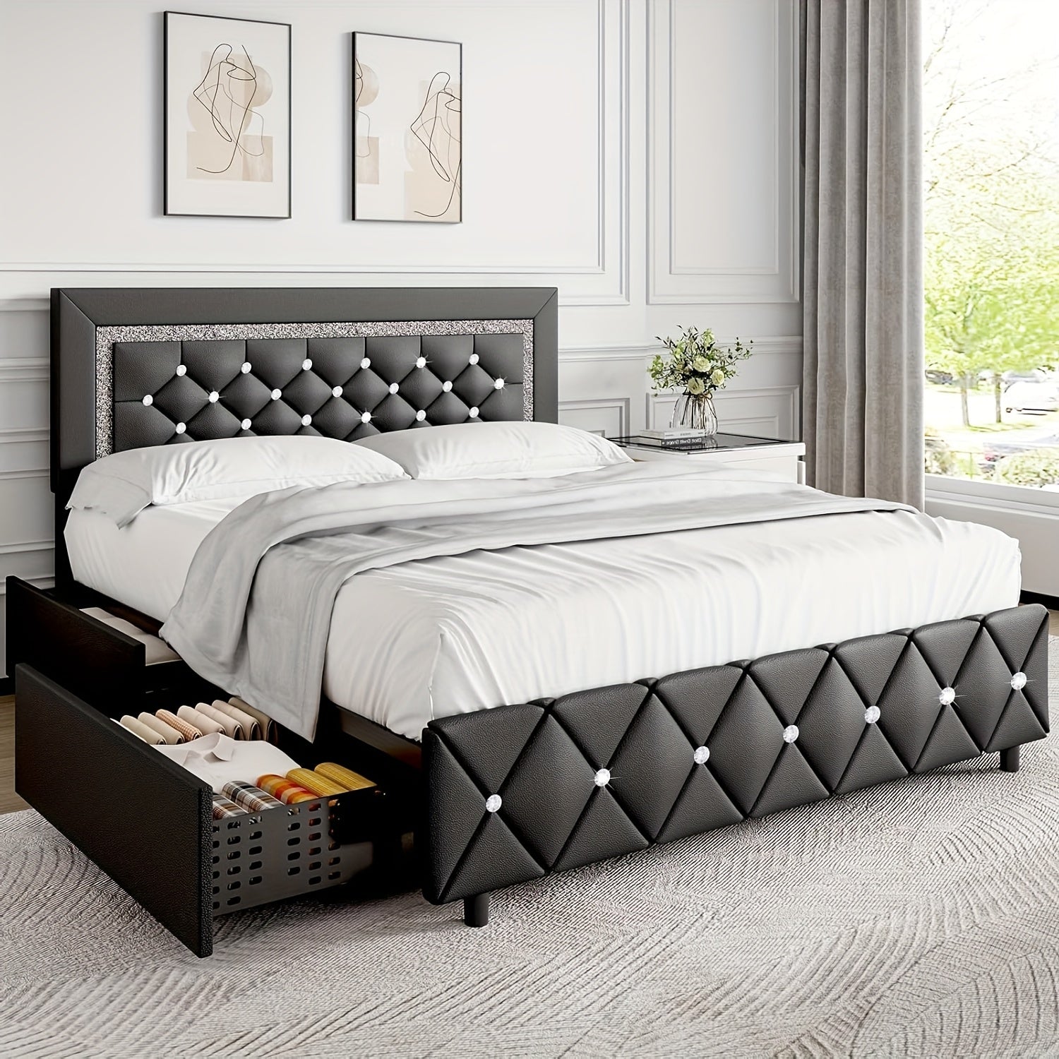 Twin Full Queen King Size Bed Frames With LED Lights And Storage Drawers, Upholstered Platform Bed With Diamond Headboard, Princess Platform Bed,