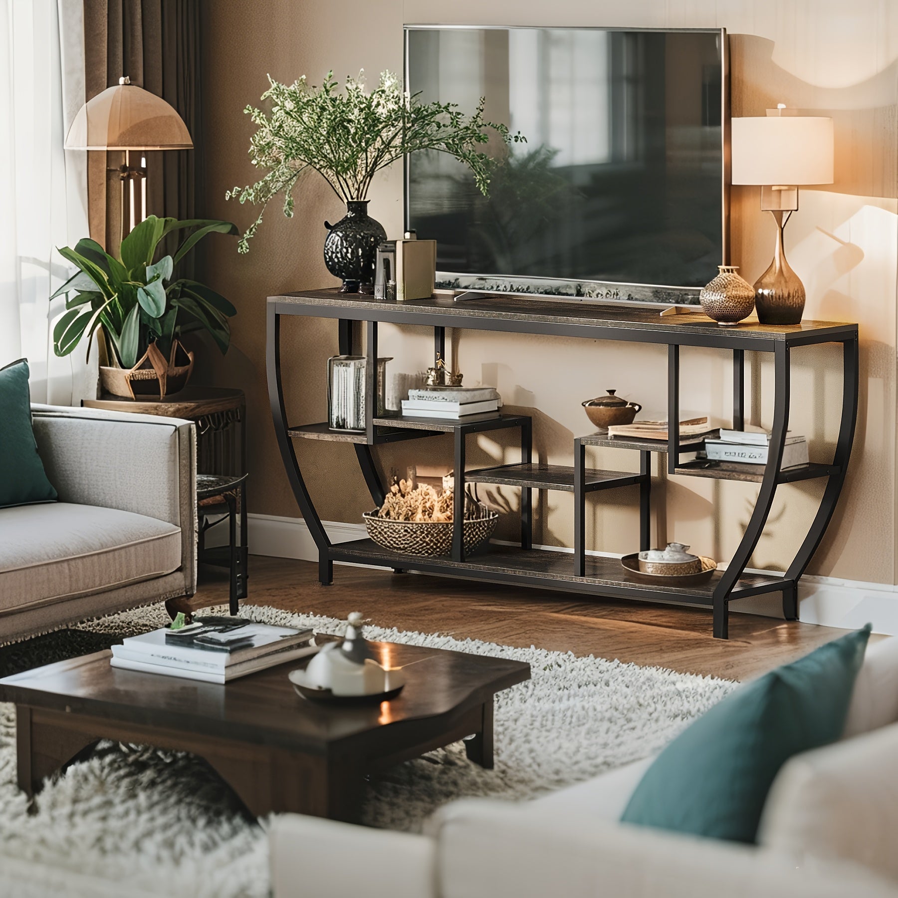 Industrial Console Table - 3-Tier Narrow Sofa Table with Open Shelves