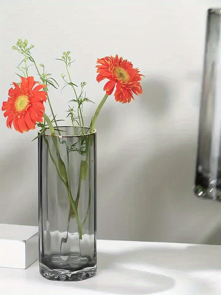 1pc Premium Golden Edge Glass Cylinder Vase, Thickened Clear Modern Style Hand Blown Vase For Home Decor