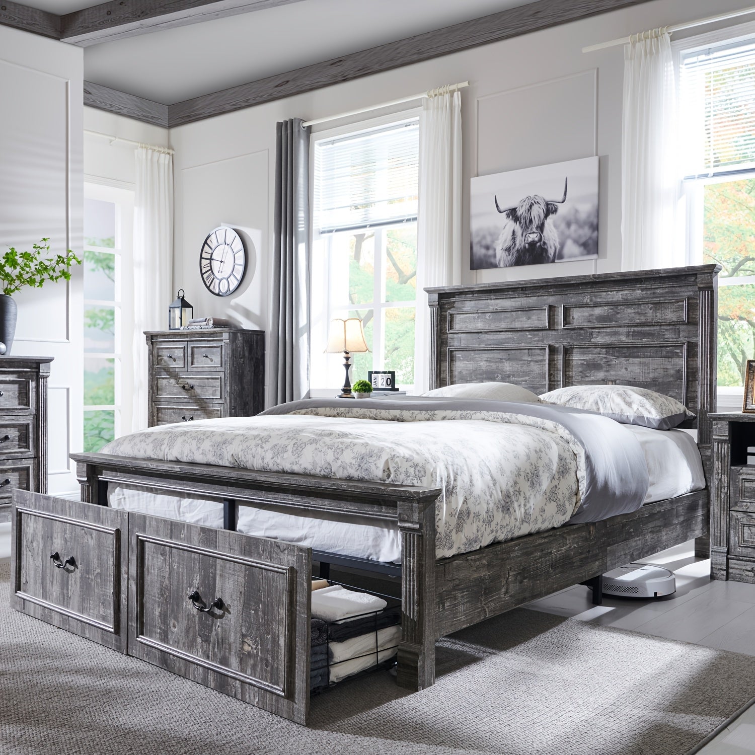 Rustic Farmhouse Full-Size Bed Frame with Tall Headboard