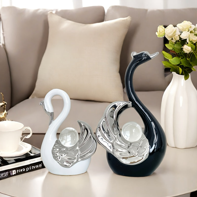 Luxury Crystal Ball Swan Ceramic Ornament Black and White High-end Light