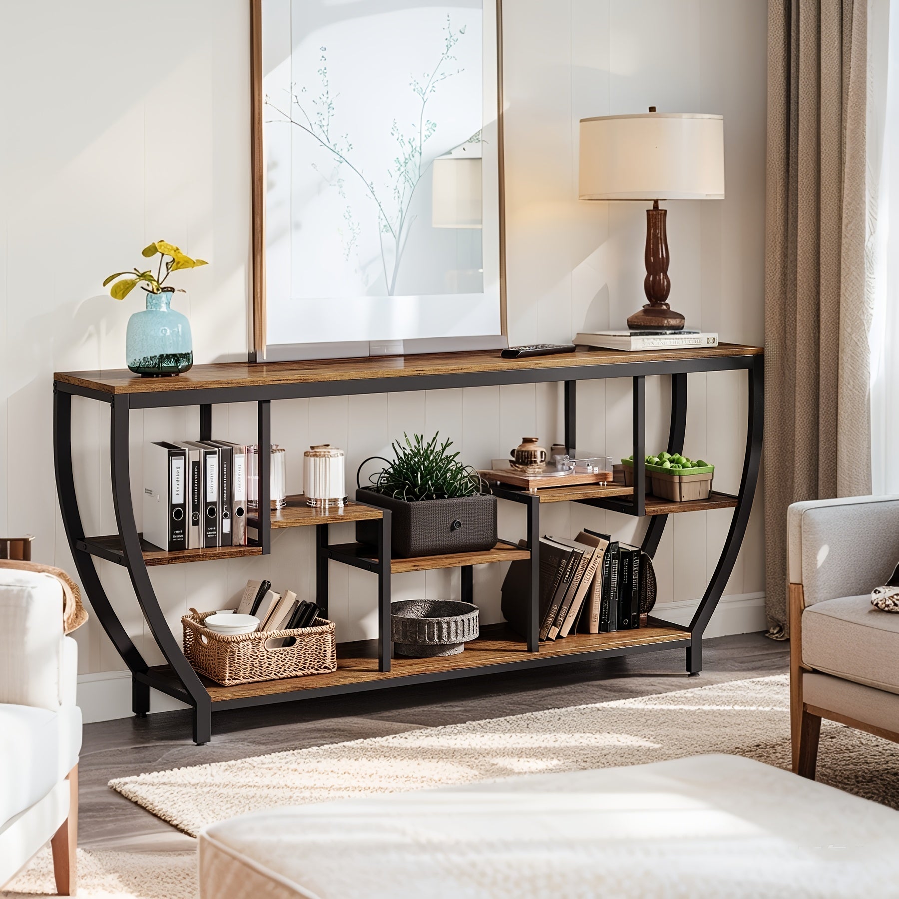 Industrial Console Table - 3-Tier Narrow Sofa Table with Open Shelves