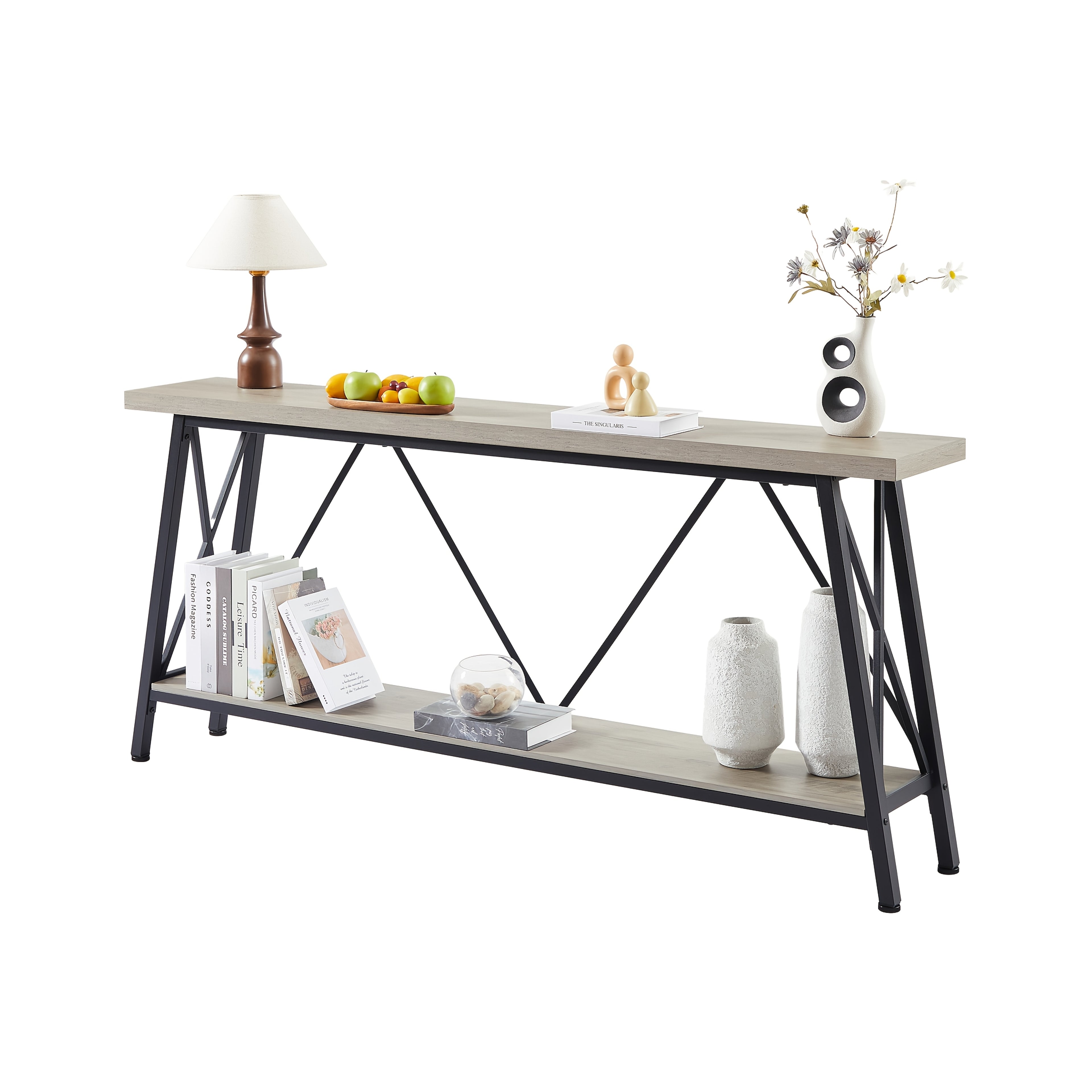 70.9 Inch Extra Long Sofa Table, Console Behind Sofa, Entryway Table With 2 Tier Storage Shelves, Rustic Gray And Black, 70.9"L X 11.8"W X 32"H