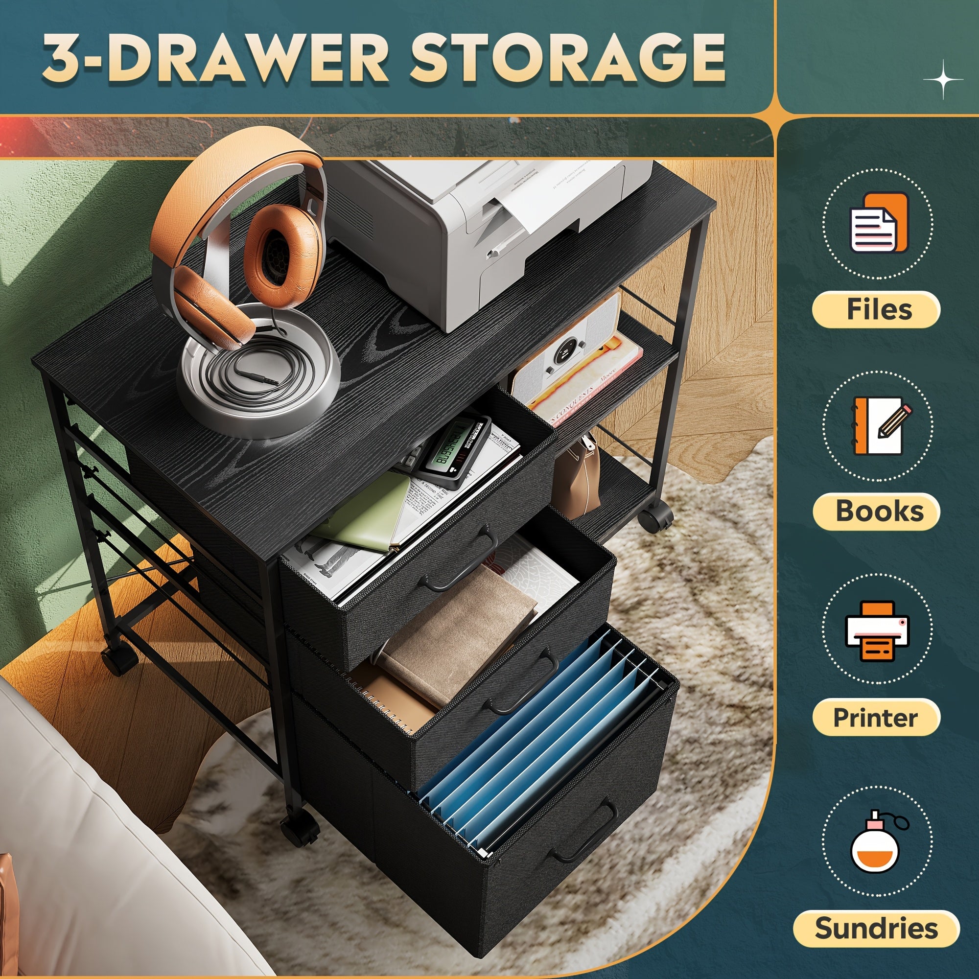 3 Drawer Mobile File Cabinet, Rolling Printer Stand with Open Storage Shelf, Fabric Lateral Filing Cabinet Fits A4 Or Letter Size for Home Office