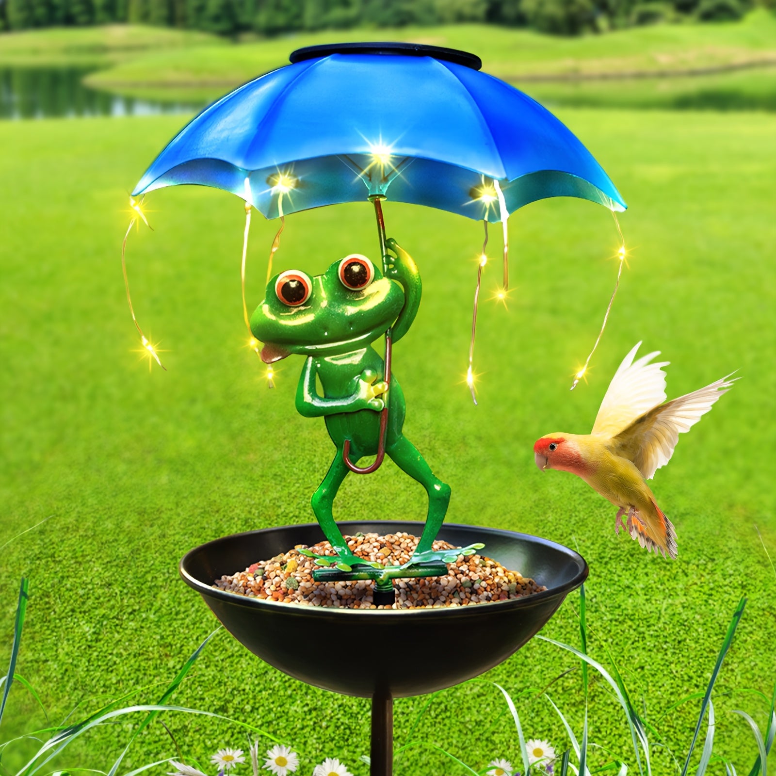 Solar-Powered LED Frog Umbrella Light with Wild Bird Feeder - Whimsical Garden Decor for Patios, Lawns, and Pathways, Perfect Valentine’s Gift,