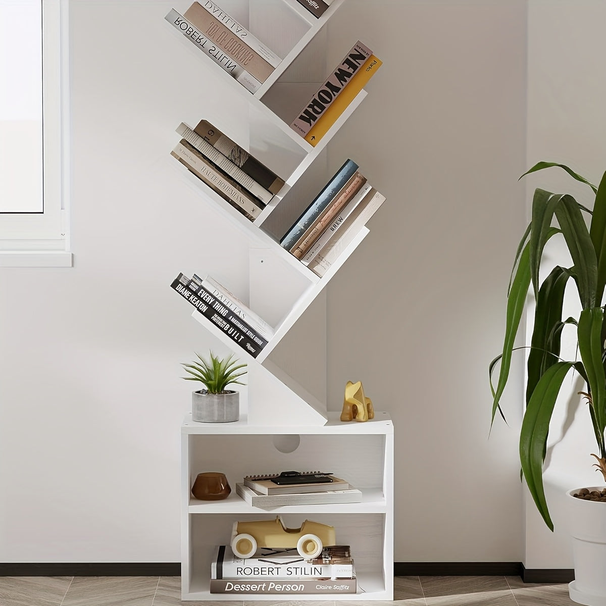 6 Tier Tree Bookshelf, Small Bookcase with Storage Cabinet, Modern Tall Narrow Bookshelves Organizer