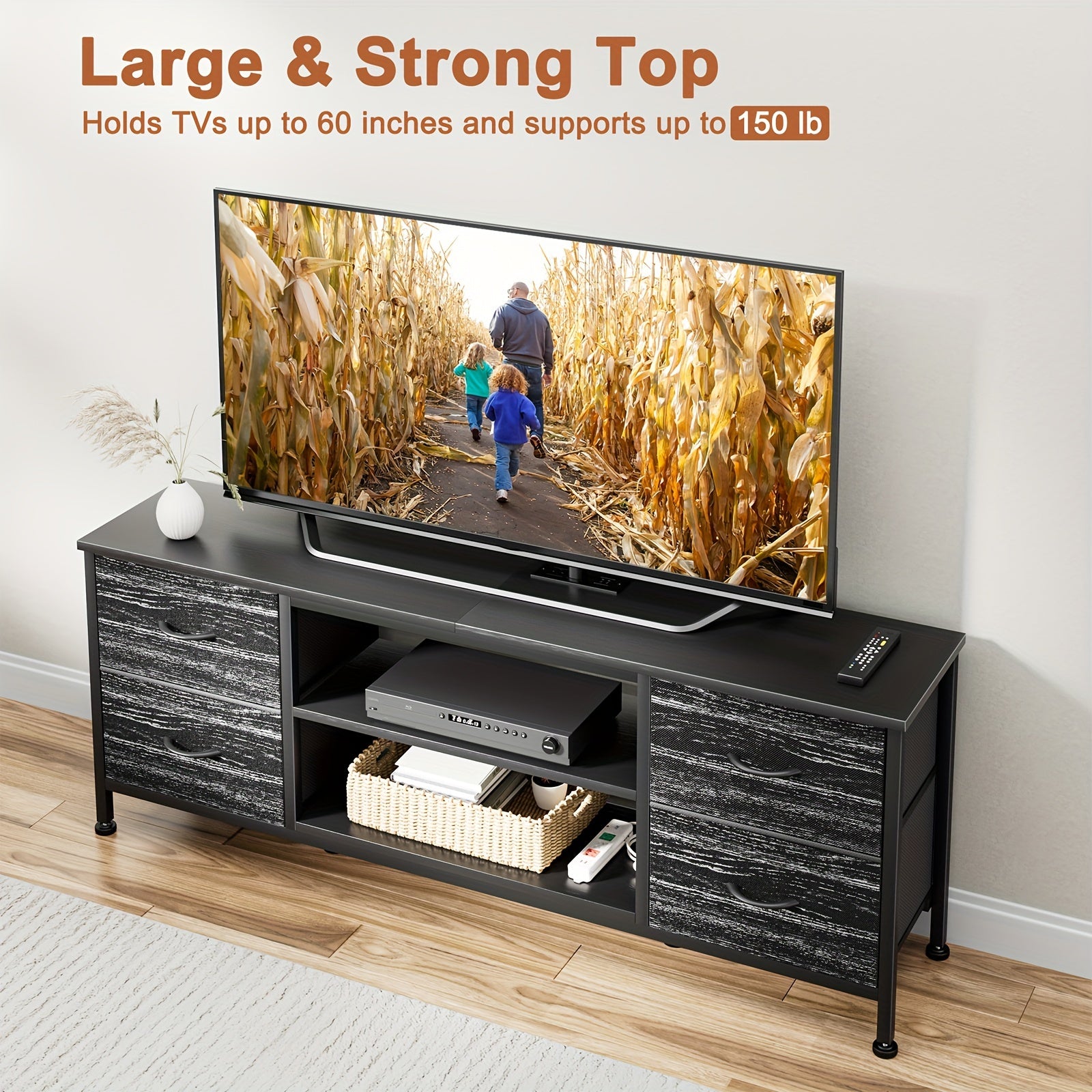 TV Stand, Entertainment Center Power Outlet with Fabric Drawers, Media Console Table with Metal Frame And Wood Top for TV Up to 60 Inch