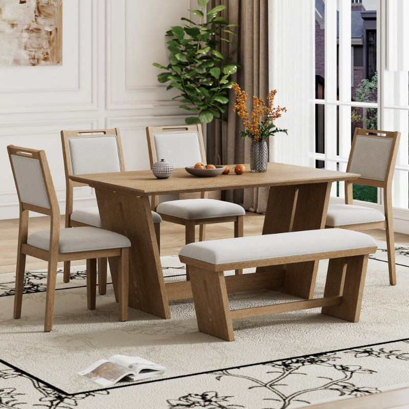 6pcs Retro Dining Set for 6, 60" Kitchen Table with 4 Chairs and Bench, Trestle Base Design for Dining Room, Natural Wash Finish, Durable and Stylish.