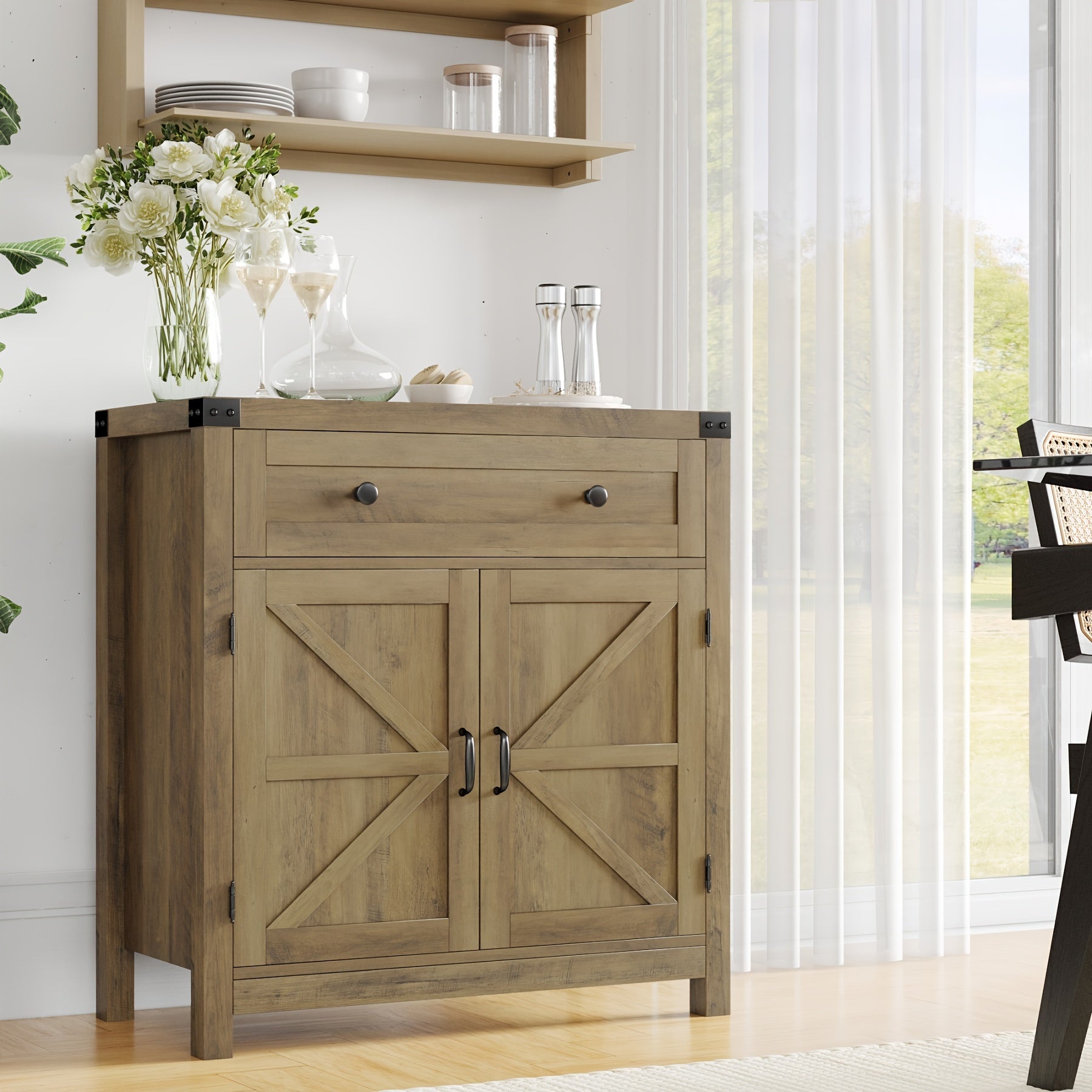 Double-Door Storage Cabinet with Drawer, Modern Farmhouse Buffet Sideboard