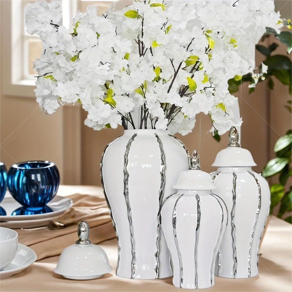 Luxurious Silvery Ceramic Ginger Jar - Modern Decorative Vase