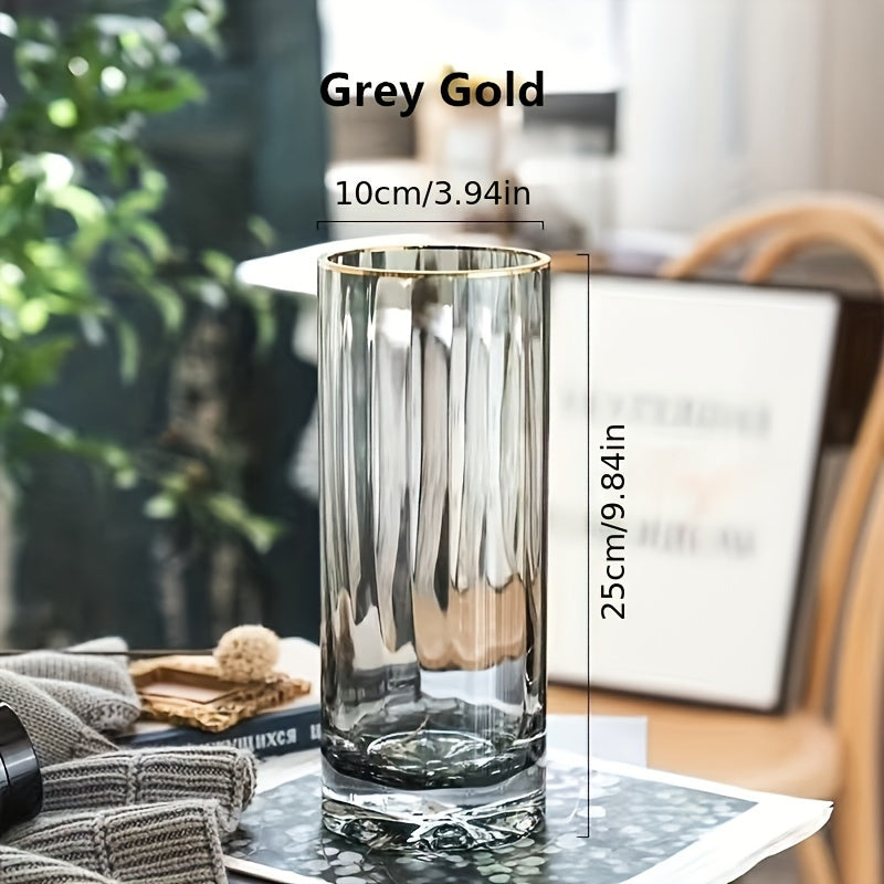 1pc Premium Golden Edge Glass Cylinder Vase, Thickened Clear Modern Style Hand Blown Vase For Home Decor