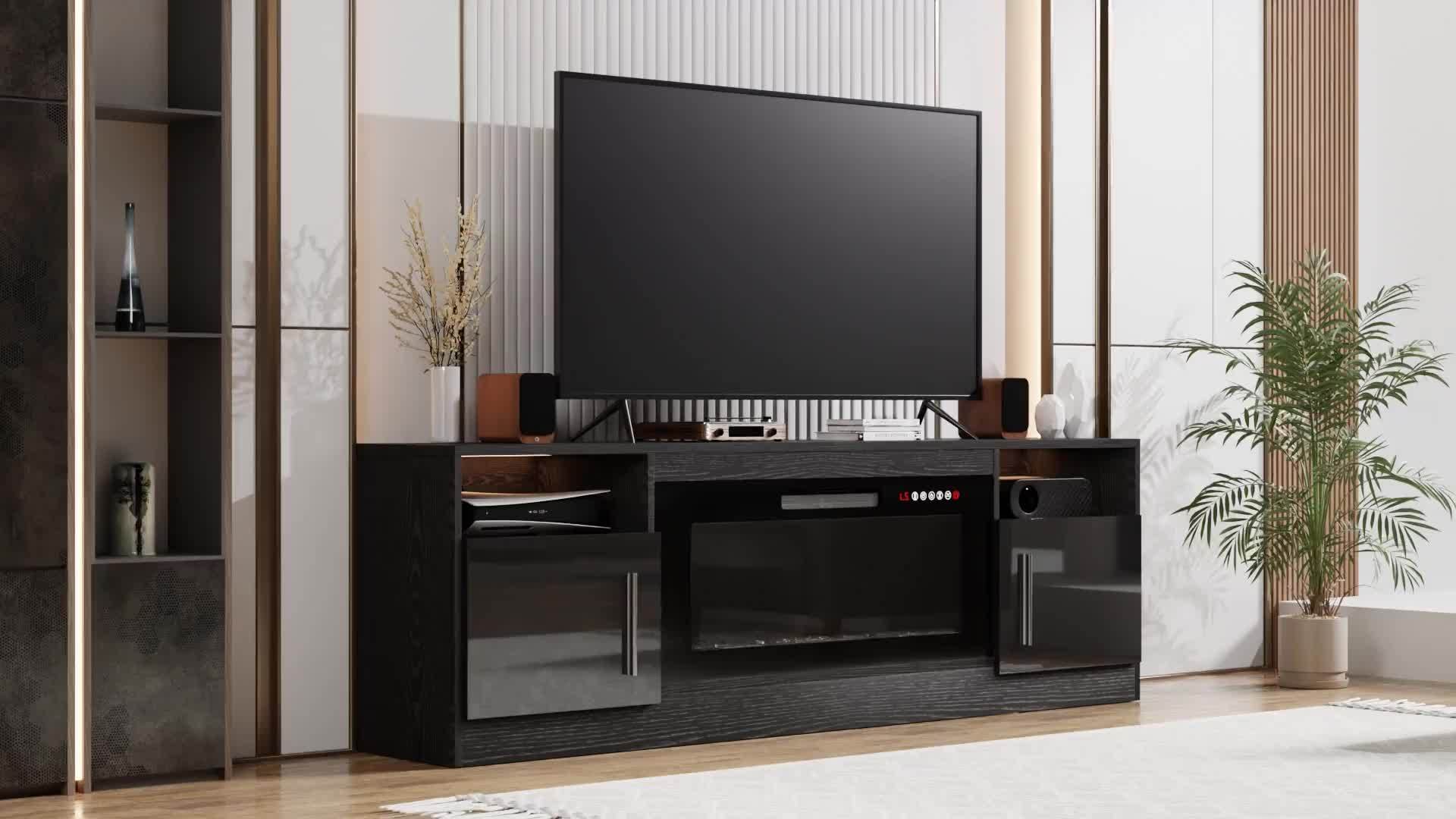 70" Modern Wooden TV Stand for TVs Up to 80" - Electric Fireplace Entertainment Center with 36" High Gloss Media Console, 16-Color LED Lights, Storage Cabinet & US Plug (120V)