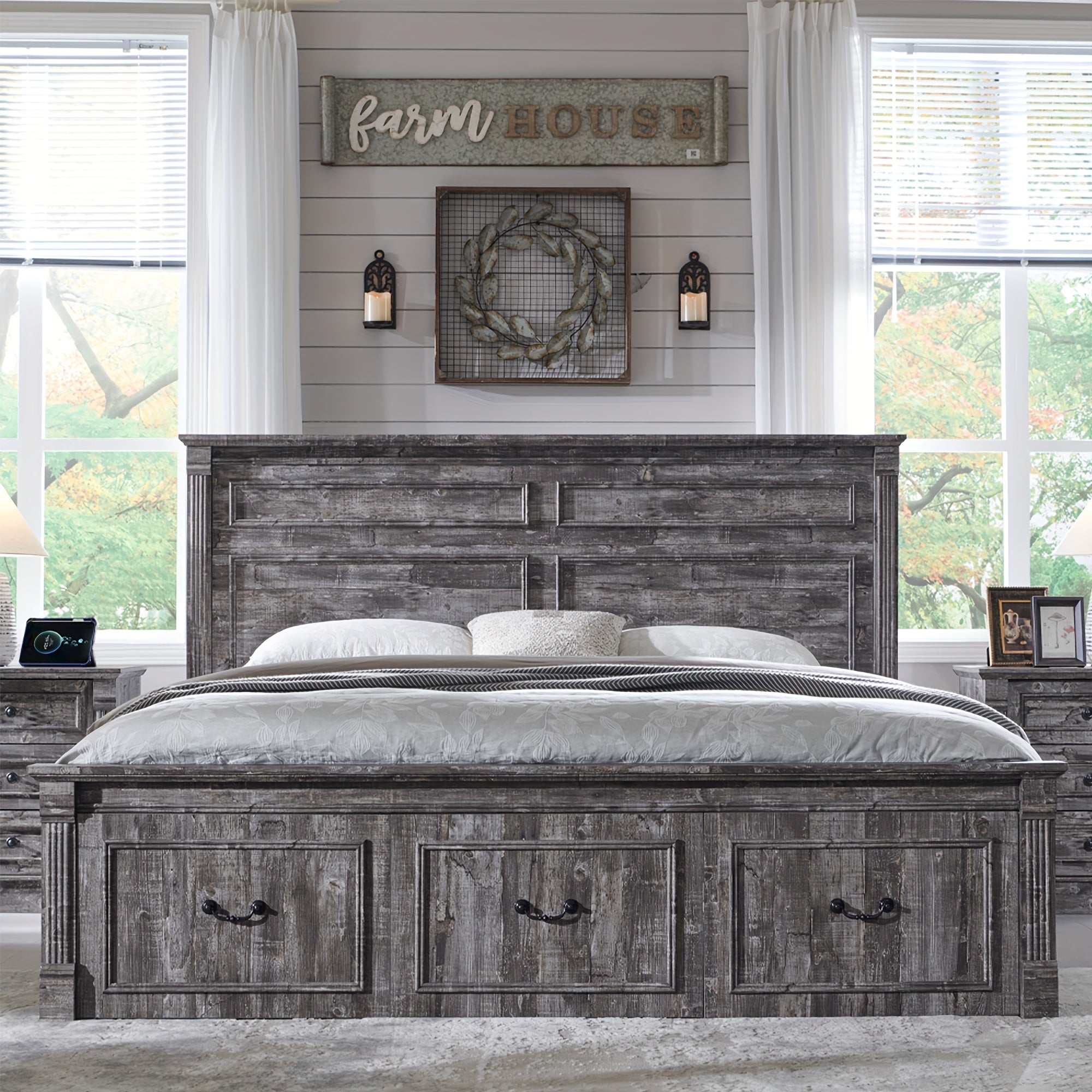 Rustic Farmhouse Full-Size Bed Frame with Tall Headboard