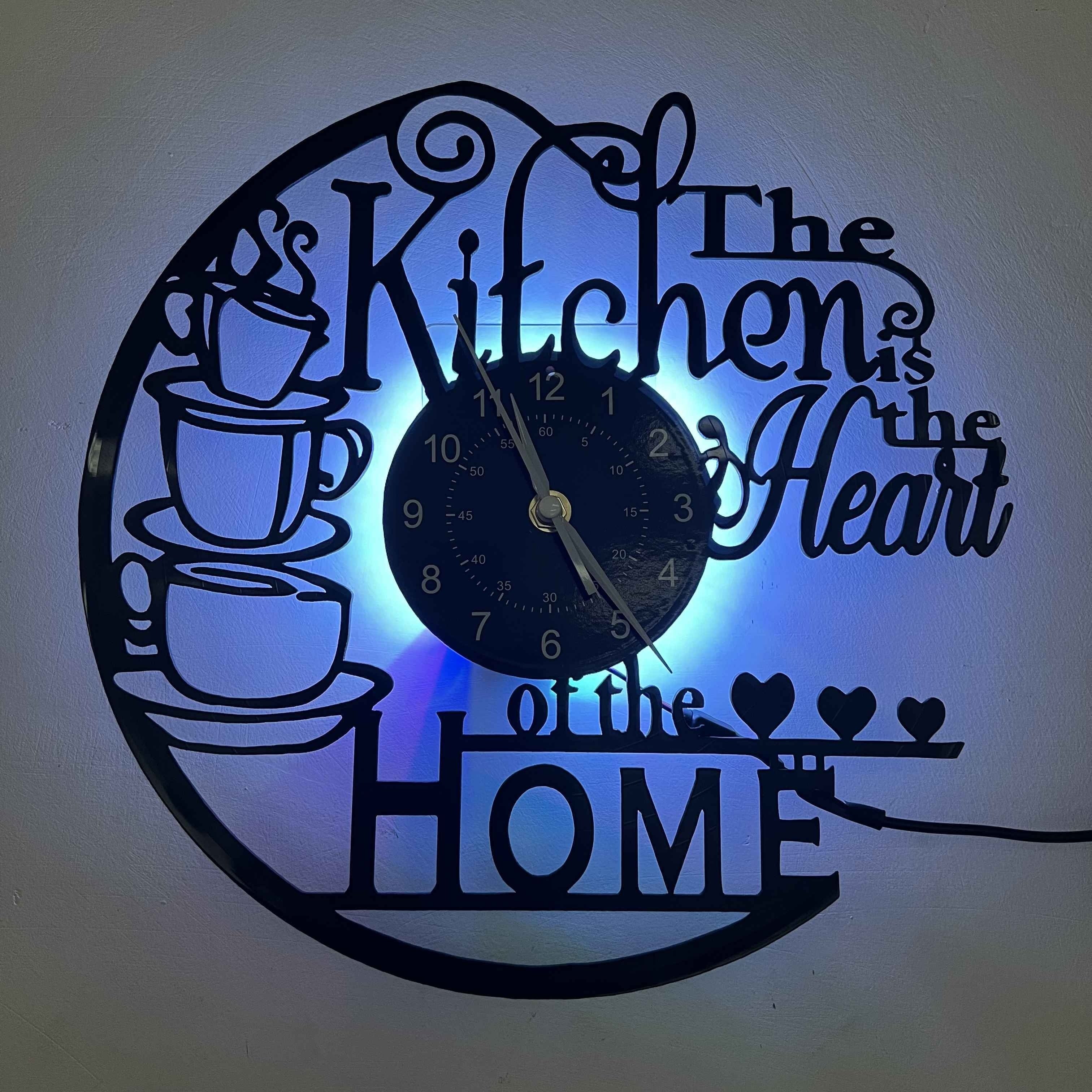 Vinyl Wall Clock - LED Glow-in-the-dark With Seven Colors, Home Kitchen Theme - For Home Decor, Bar Decor, Store Decor - Art Pieces